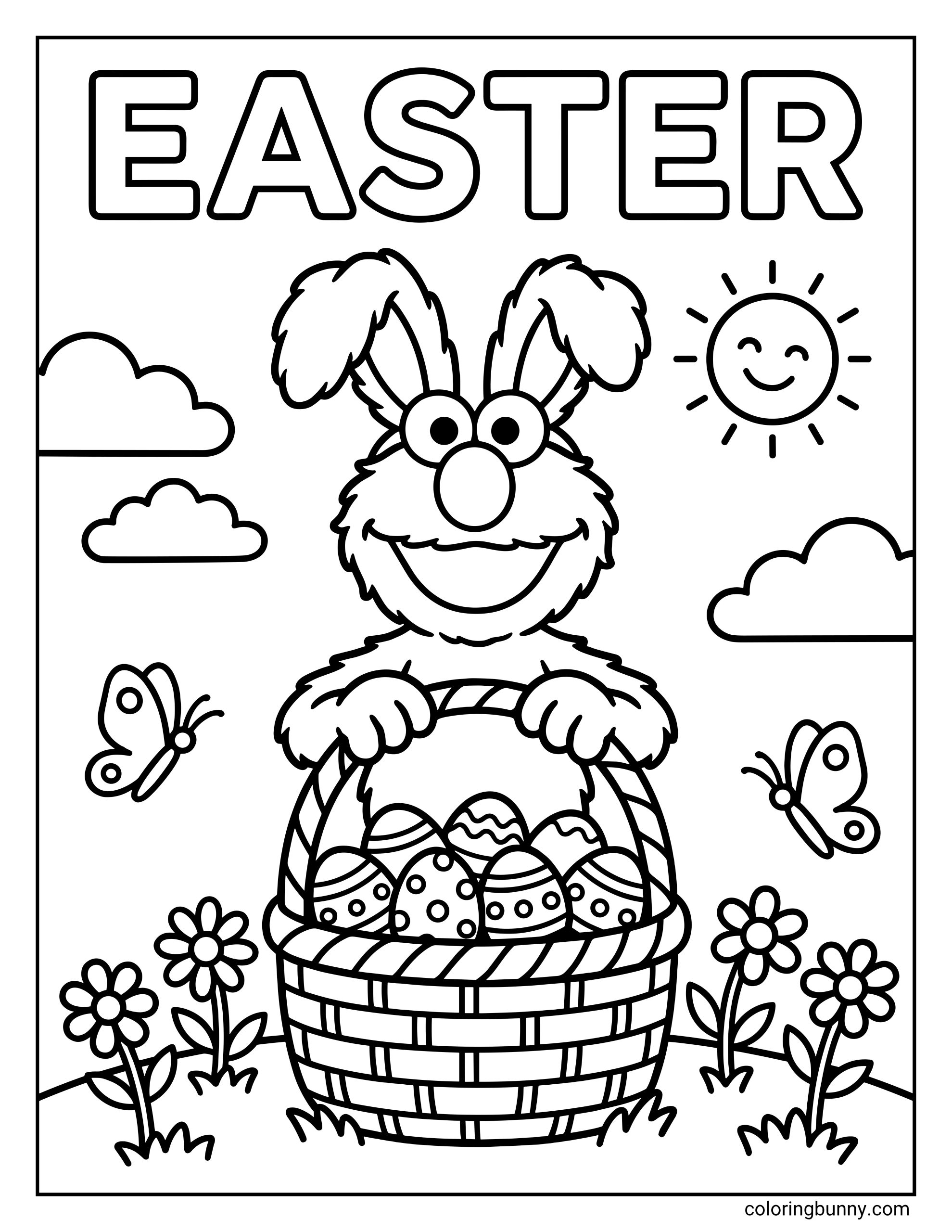 Elmo Easter coloring page featuring the furry monster wearing cute bunny ears and holding a massive woven basket filled with patterned eggs. The bold word EASTER sits above him in a sunny spring scene with butterflies and flowers.