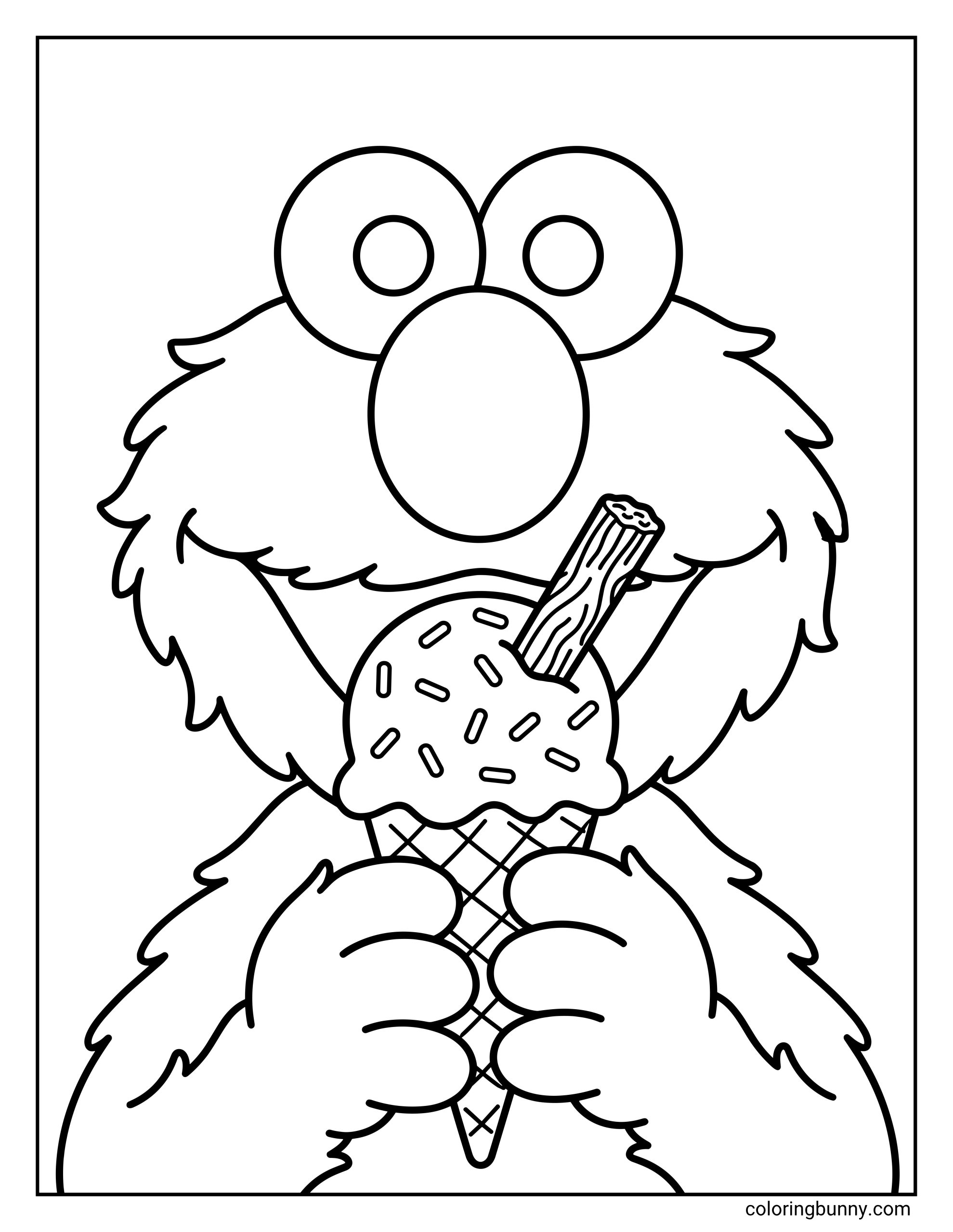 Elmo coloring page featuring a close-up of Elmo from Sesame Street enjoying an oversized ice cream cone. The cone has crisscross lines, the scoop is covered with sprinkles, and a cookie stick is placed in the ice cream while Elmo holds it with both hands.