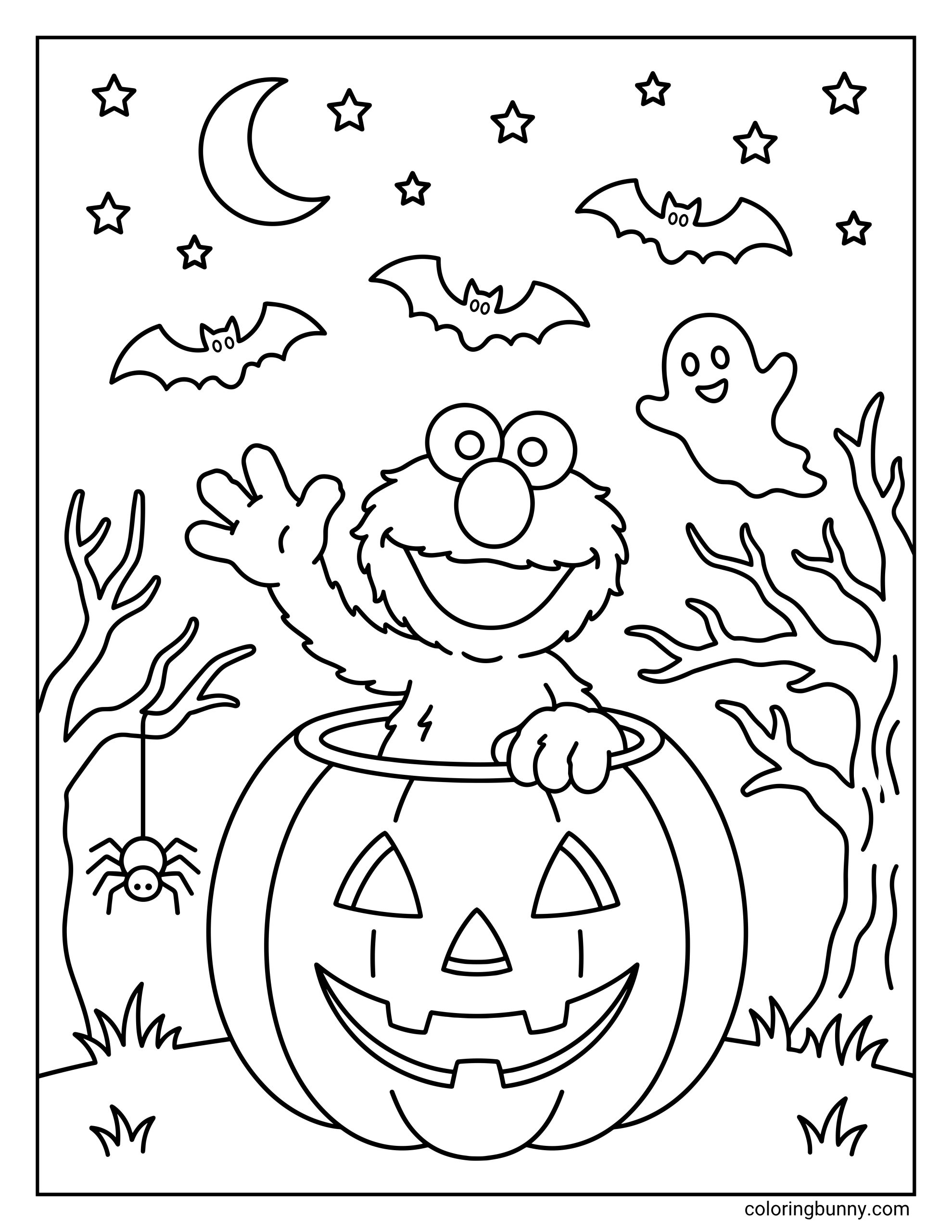 Elmo Halloween coloring page featuring the friendly monster waving cheerfully from inside a giant carved jack-o'-lantern, surrounded by a spooky night sky with bats, stars, a crescent moon, and a happy ghost.