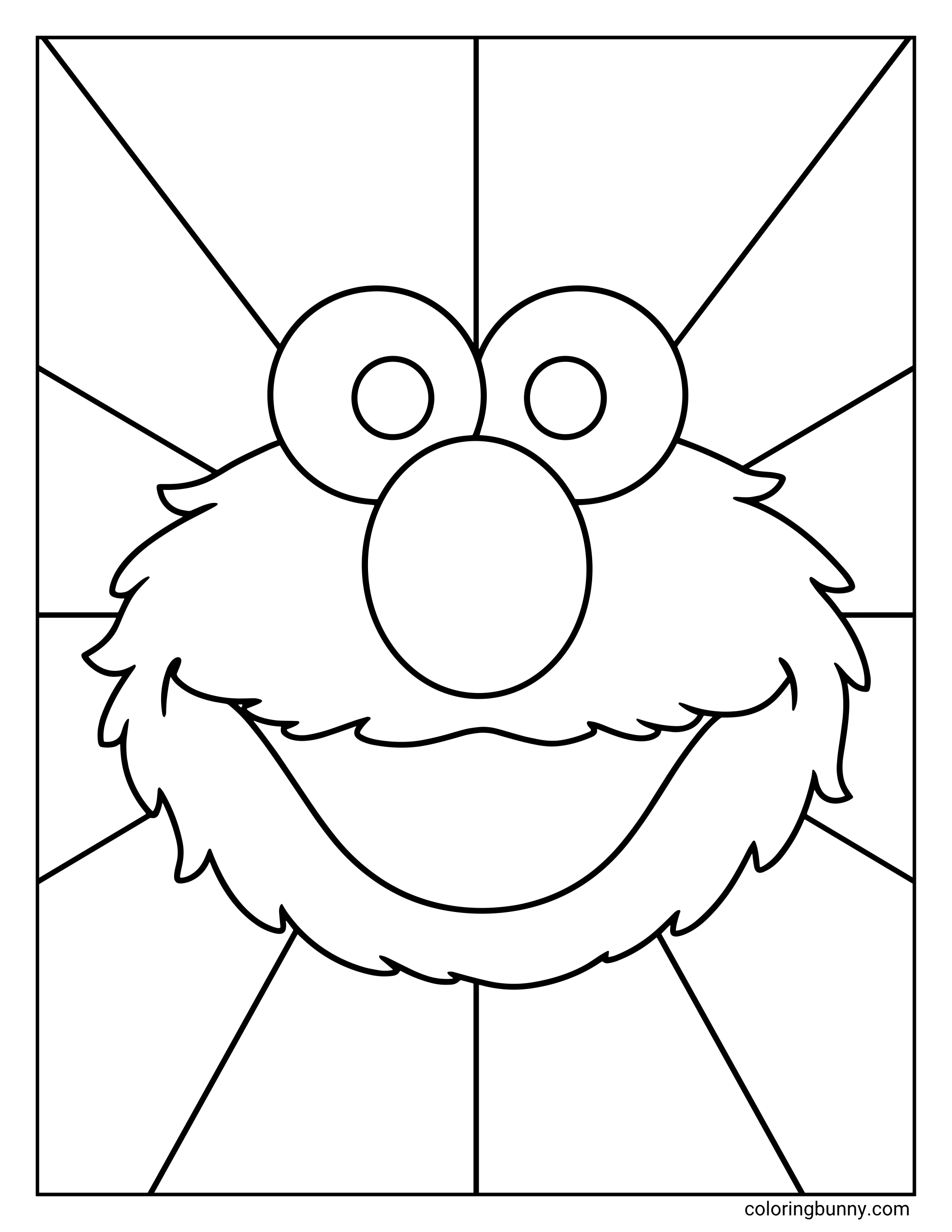 Elmo coloring page showing a close-up of Elmo’s smiling face with large eyes and a round nose. Behind him is a sunburst-style background made of bold outlined sections for easy coloring.