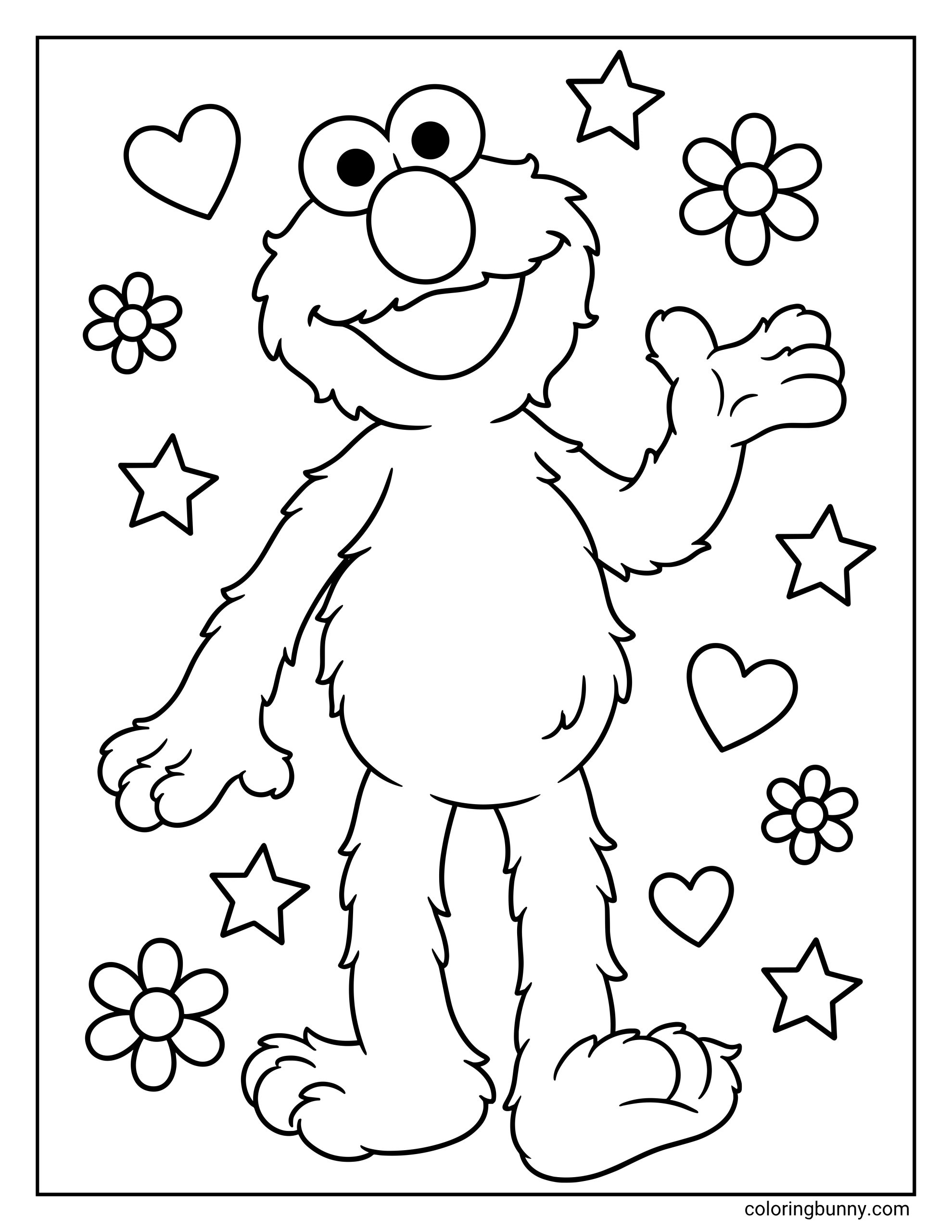 Elmo coloring page showing Elmo standing and waving with a big smile. The background is decorated with simple hearts, stars, and flowers, all drawn with bold black outlines for easy coloring.