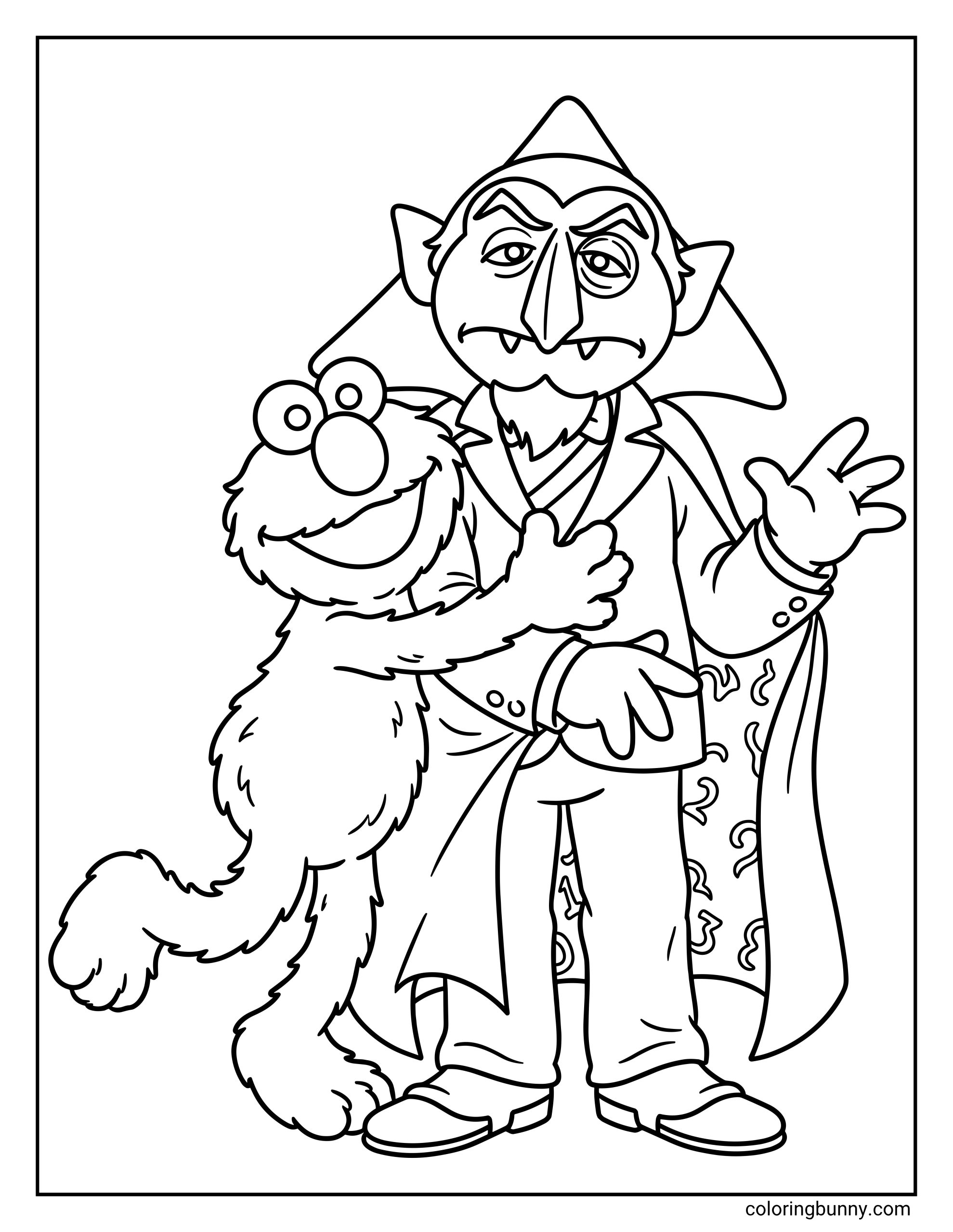 Elmo hugging Count von Count coloring page featuring the cheerful red monster happily wrapping his arms around the tall vampire's waist. The Count wears his signature numbered cape and monocle while waving gently.