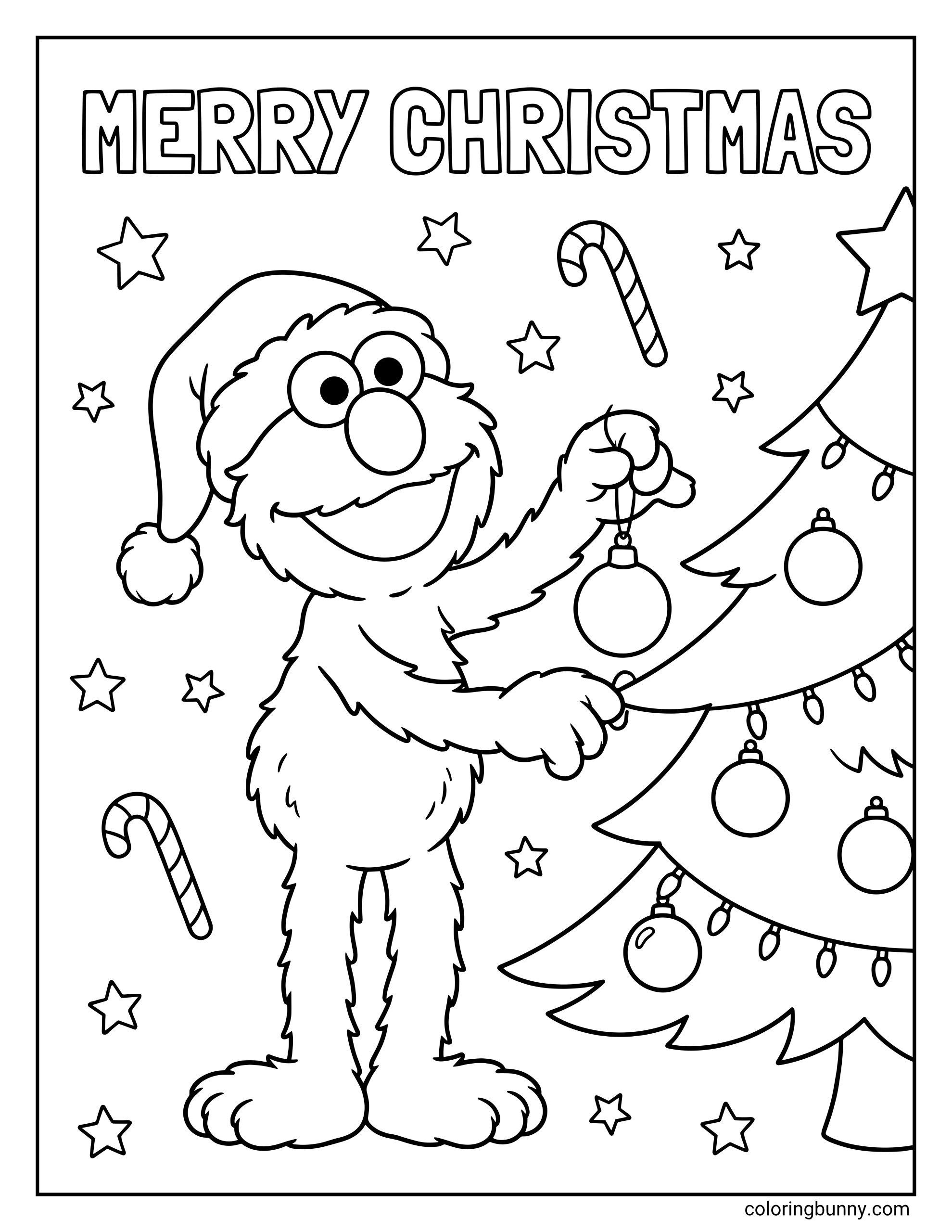 Elmo Christmas coloring page showing “MERRY CHRISTMAS” written across the top in bold outlined letters. Elmo stands next to a decorated Christmas tree with ornaments and string lights, and he is holding an ornament in one hand. Several stars and candy canes fill the background.