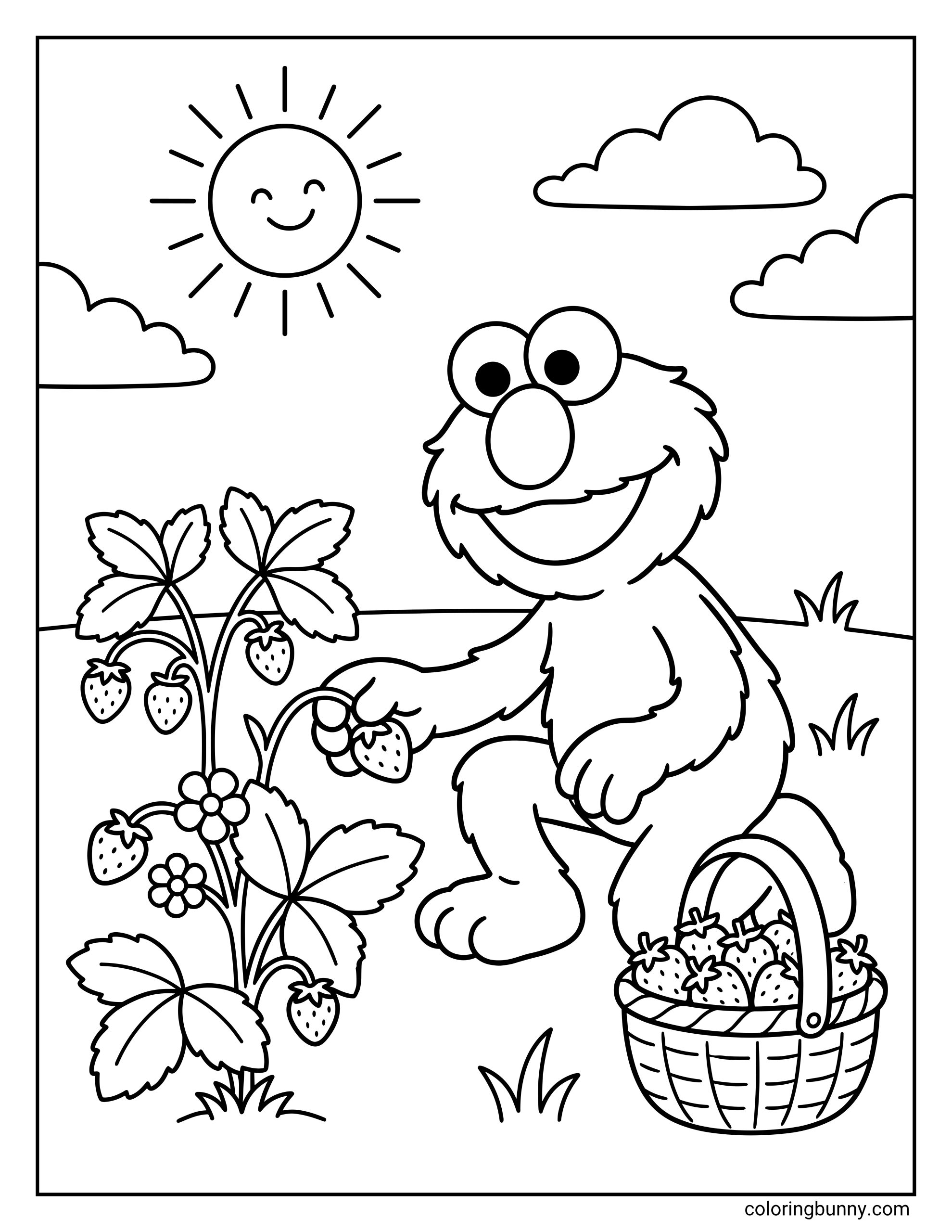 Elmo coloring page with Elmo from Sesame Street picking strawberries outdoors. He is seated on the ground beside a tall strawberry plant with several berries and flowers, reaching toward one strawberry while a basket overflowing with fruit sits nearby. A cheerful sun and fluffy clouds appear overhead.