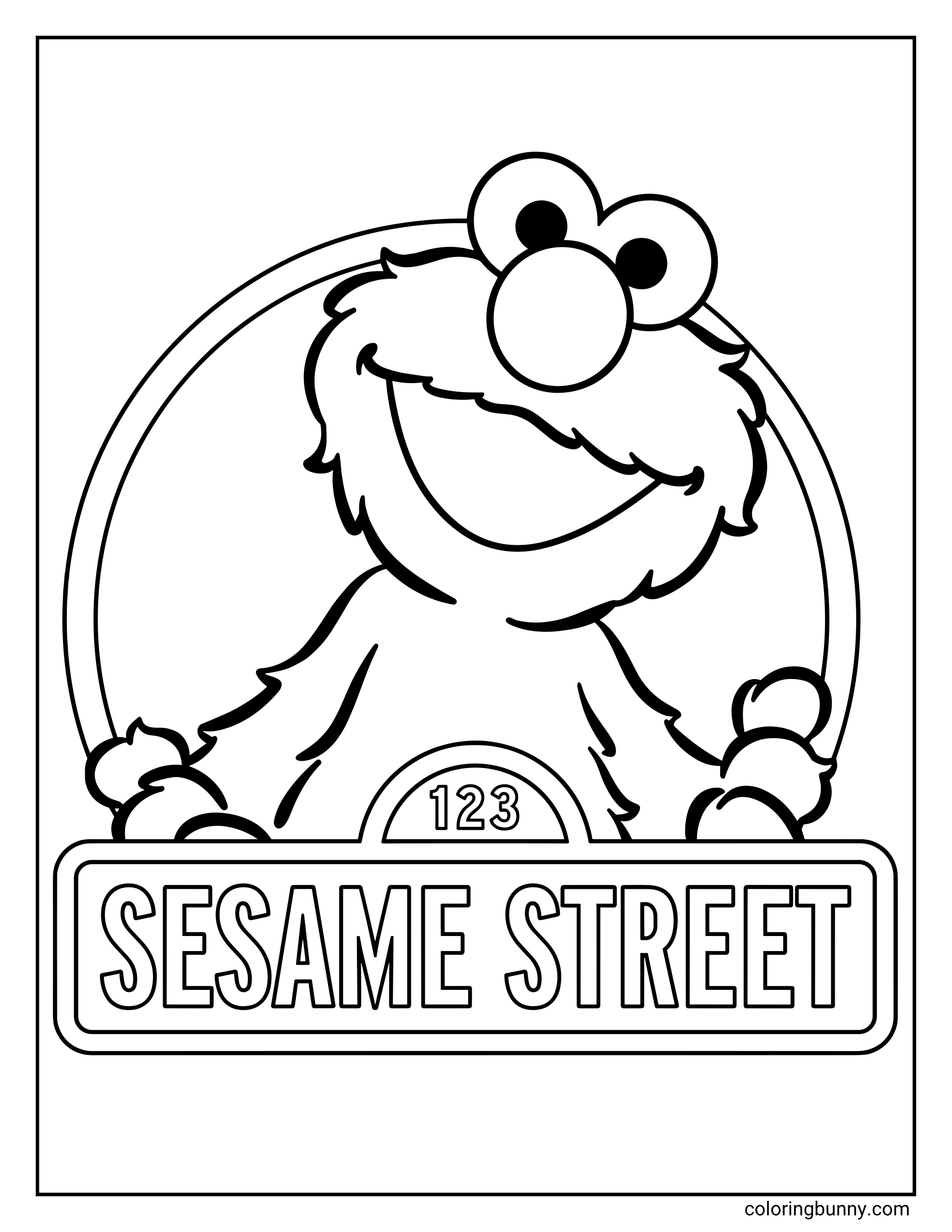 Elmo Sesame Street coloring page featuring Elmo smiling behind a large street sign that says “SESAME STREET.” The sign includes the number “123” above the words, with a rounded arch shape behind Elmo.