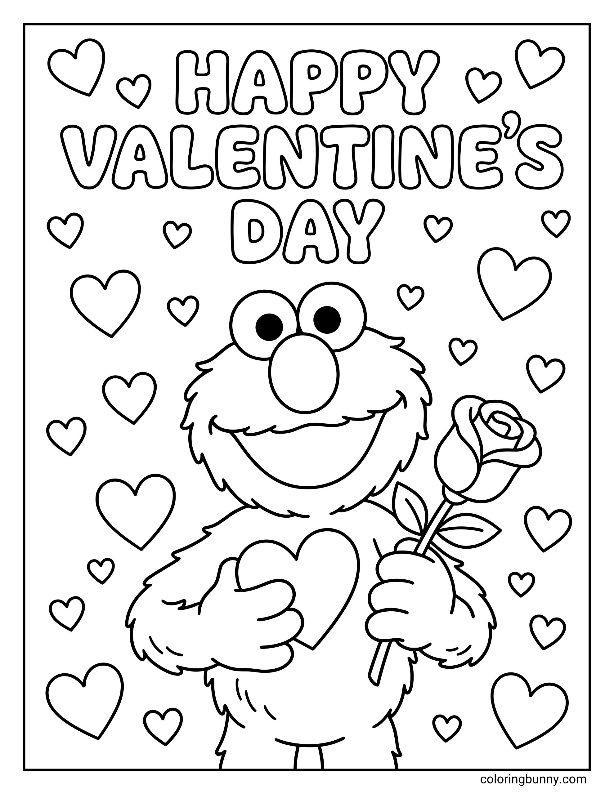 Elmo coloring page with Elmo from Sesame Street standing in the center of the page, smiling and holding a rose and a large heart. At the top, bold bubble letters spell “HAPPY VALENTINE’S DAY,” surrounded by hearts across the whole page.