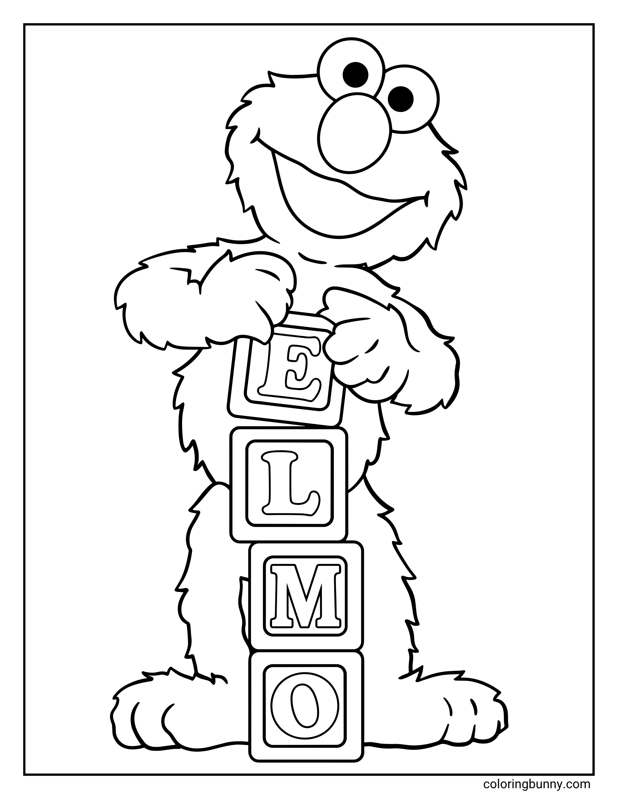 Elmo coloring page showing Elmo standing and smiling while holding a tall stack of four toy blocks. The blocks are arranged vertically and display the letters E, L, M, and O, spelling “ELMO.” The image is a simple black-and-white line drawing with a plain background.