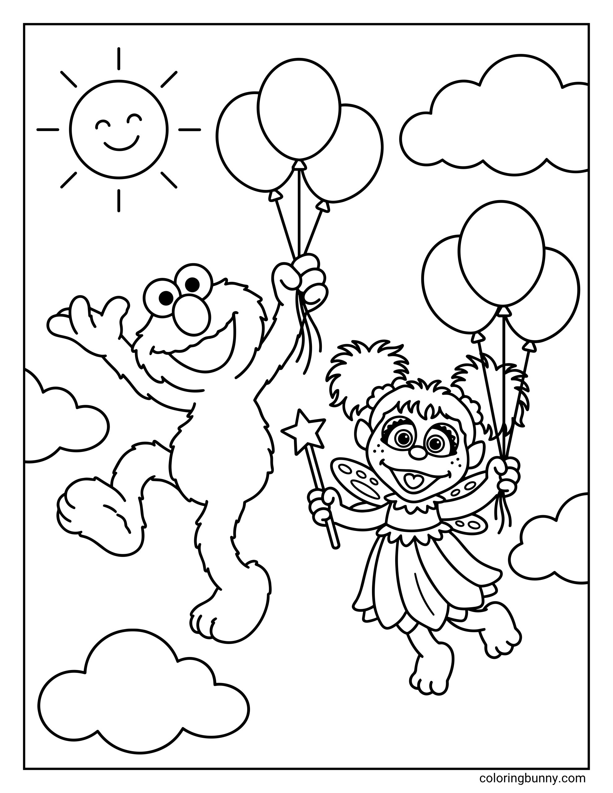 Elmo and Abby coloring page featuring the two Sesame Street friends happily floating high up in the sky. Elmo and Abby Cadabby are each holding a bunch of round balloons, surrounded by fluffy white clouds and a very cheerful smiling sun.