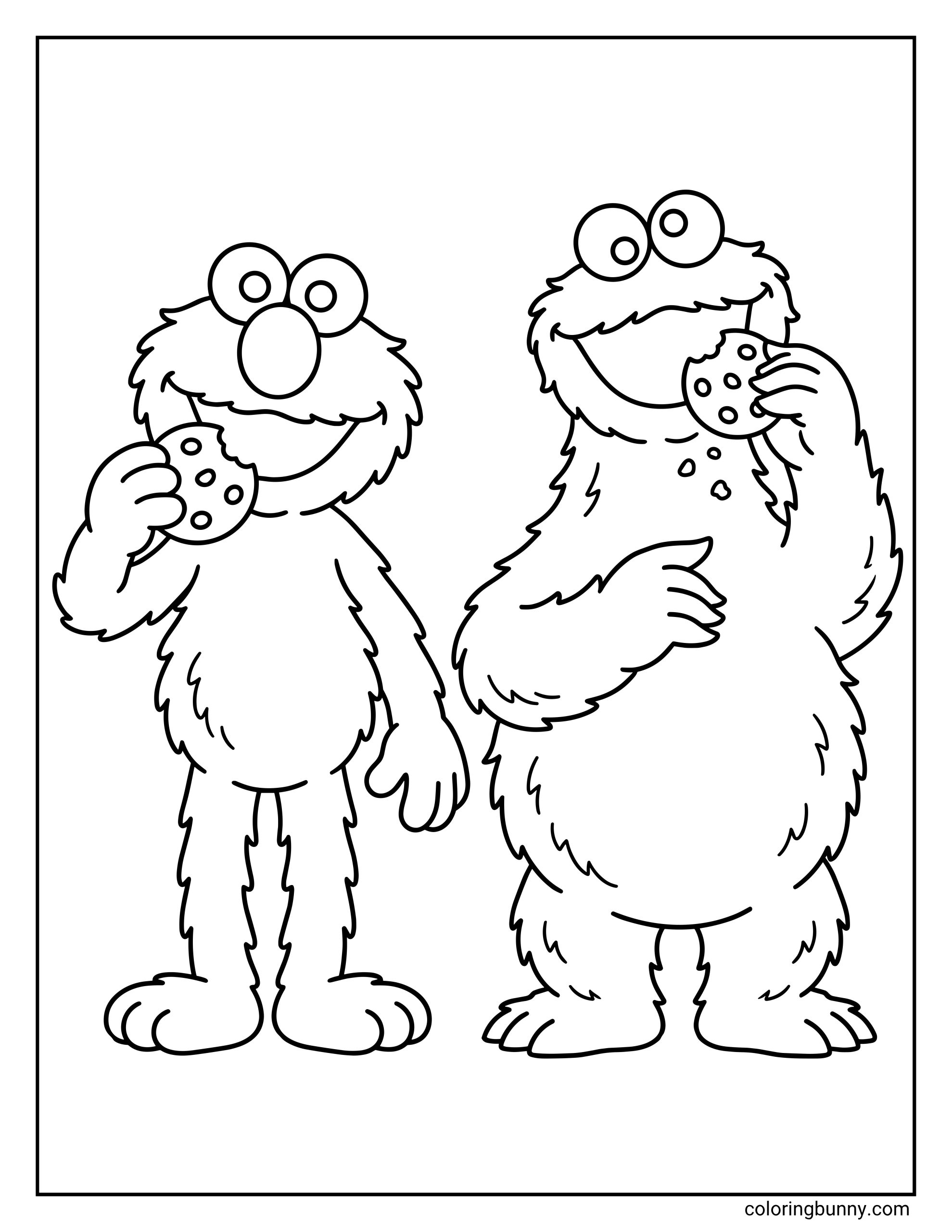 Simple Elmo and Cookie Monster coloring page displaying the beloved characters standing together. Elmo holds a bitten cookie near his mouth while Cookie Monster happily chomps on his own treat, dropping a few fun crumbs along the way.