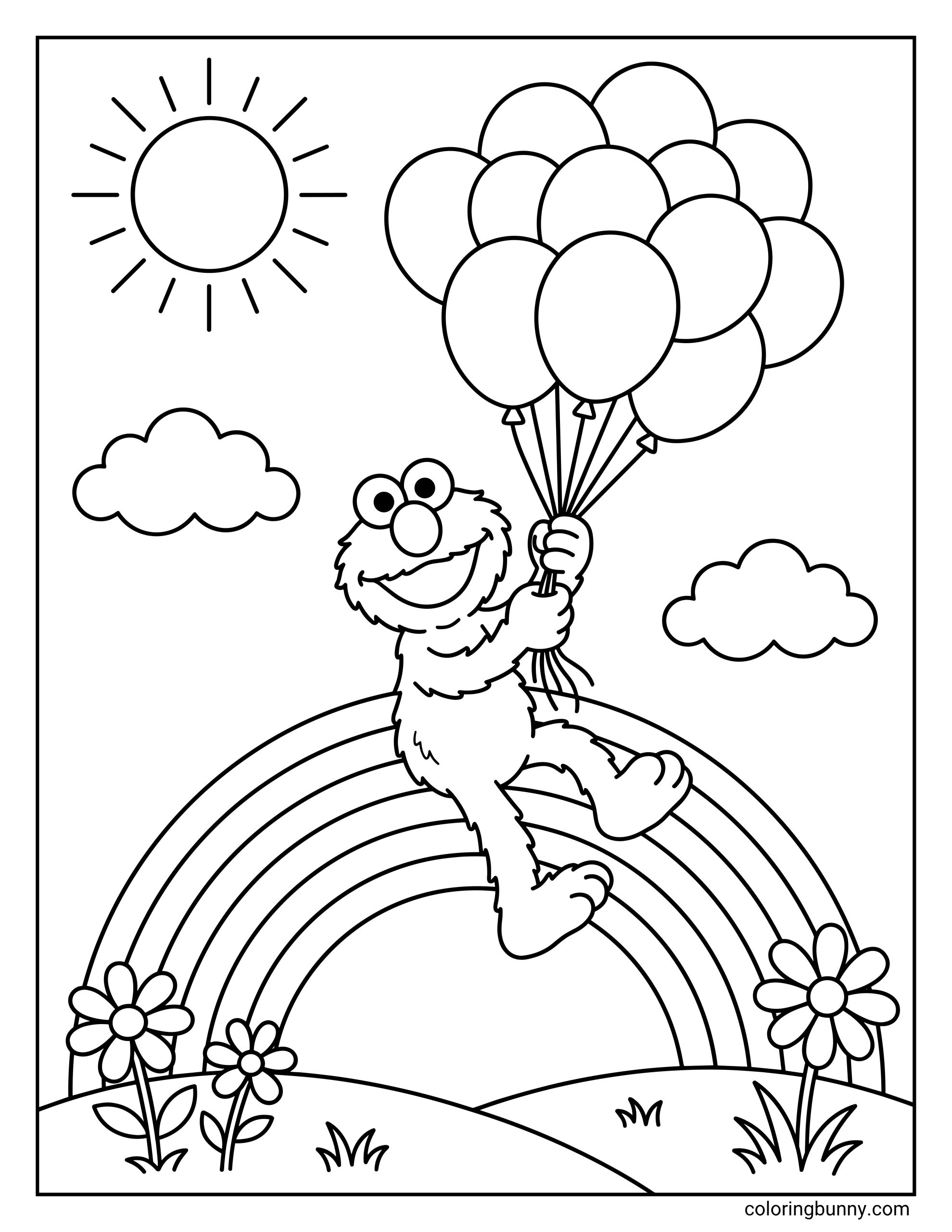 Elmo coloring sheet depicting a wonderful outdoor adventure where he floats above the ground using nothing but a giant handful of party balloons. The adorable background features a smiling sun, puffy clouds, a rainbow, and large hollow flowers on a hill.