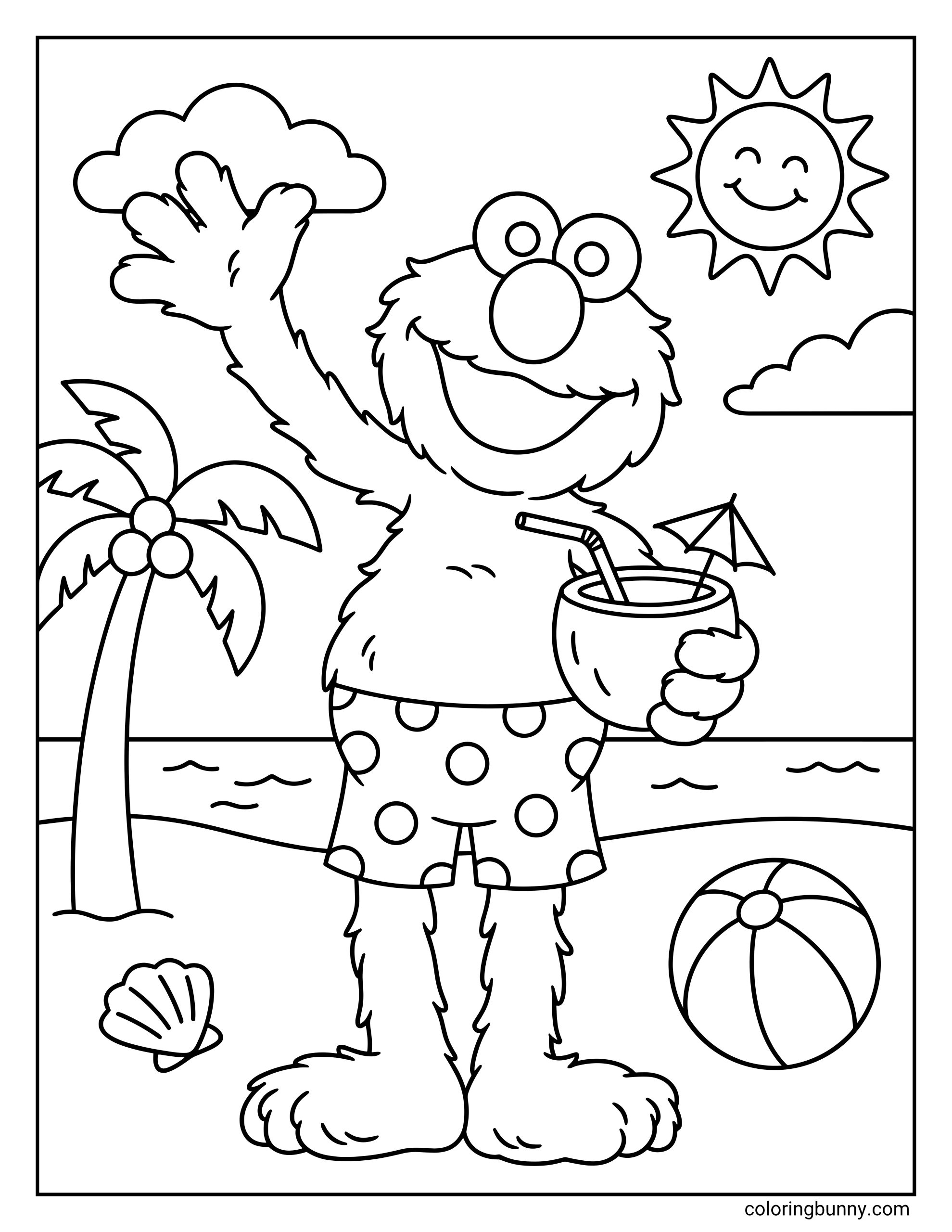 Elmo coloring sheet depicting a wonderful sunny day at the beach where the furry character waves hello. This kid-friendly design features bold, hollow outlines of a smiling sun, puffy summer clouds, an ocean horizon, a tropical palm tree, and fun beach toys resting on the sand.