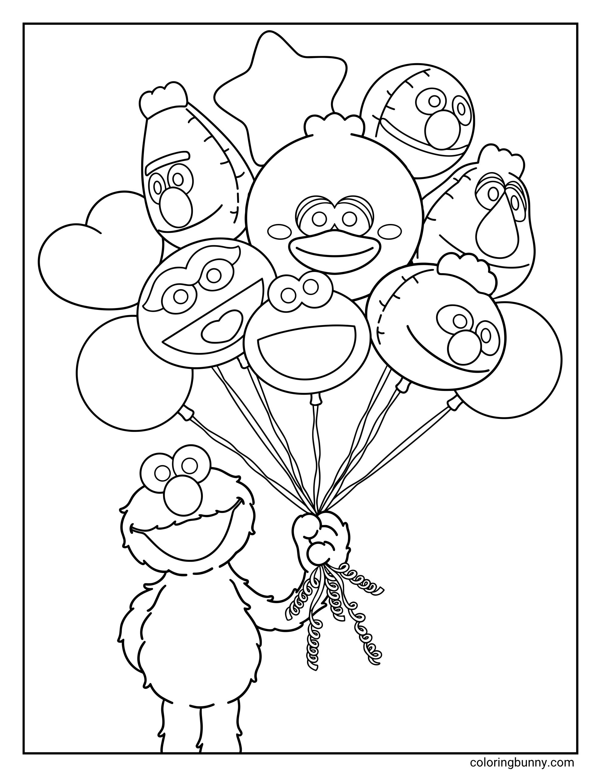 Elmo coloring page featuring the happy furry monster standing and holding a massive, wonderful bunch of floating balloons shaped exactly like his favorite Sesame Street friends, including Big Bird, Cookie Monster, Bert, and Ernie, complete with curly ribbons.