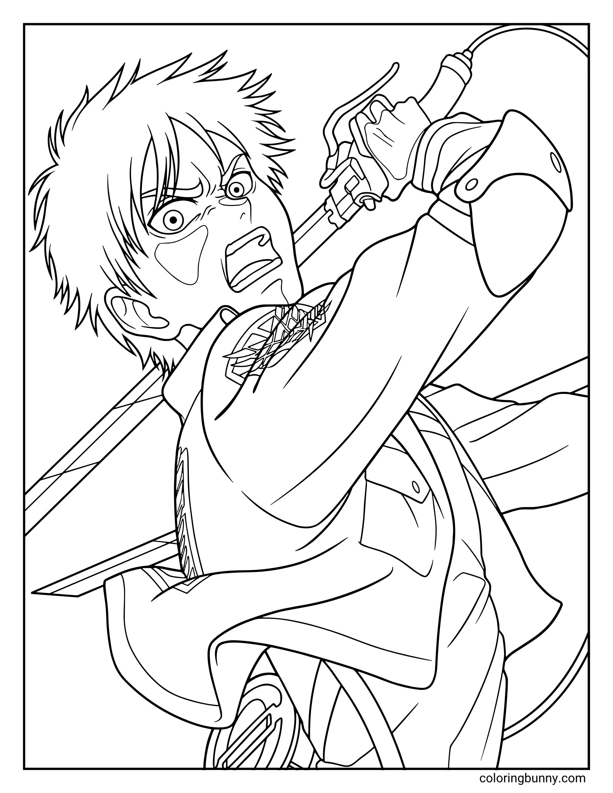 A coloring page of Eren Yeager from the Attack on Titan anime, featuring an action-oriented scene of him mid-swing with his dual blades. The page captures his intense battle cry and the dynamic movement of his Survey Corps uniform, providing a high-energy scene to color.