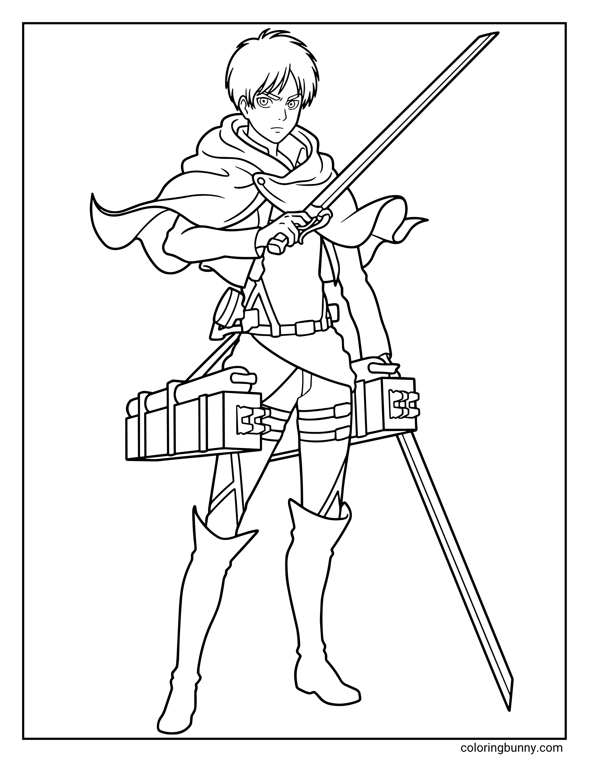 A coloring page of Eren Yeager, depicted in full body from the Attack on Titan anime. He stands defiantly with his Survey Corps cloak billowing, holding one dual-blade aloft while the rest of his Mobility gear and another sword are clearly outlined for easy coloring.