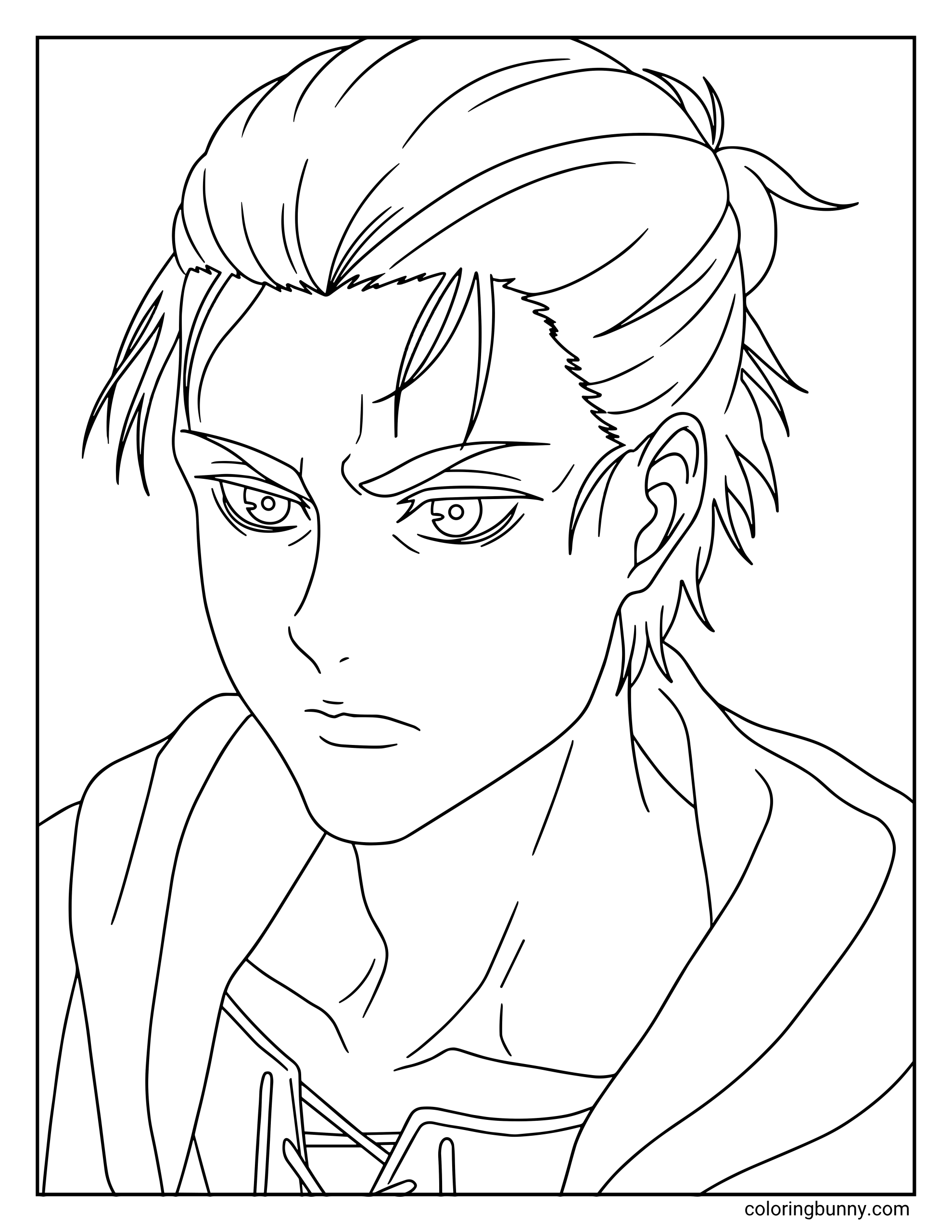 A coloring page of Eren Yeager from the Attack on Titan anime, showing him with his hair tied back in a bun and a serious, intense expression. This line art focuses on his older appearance from the final seasons, providing a detailed portrait to color.