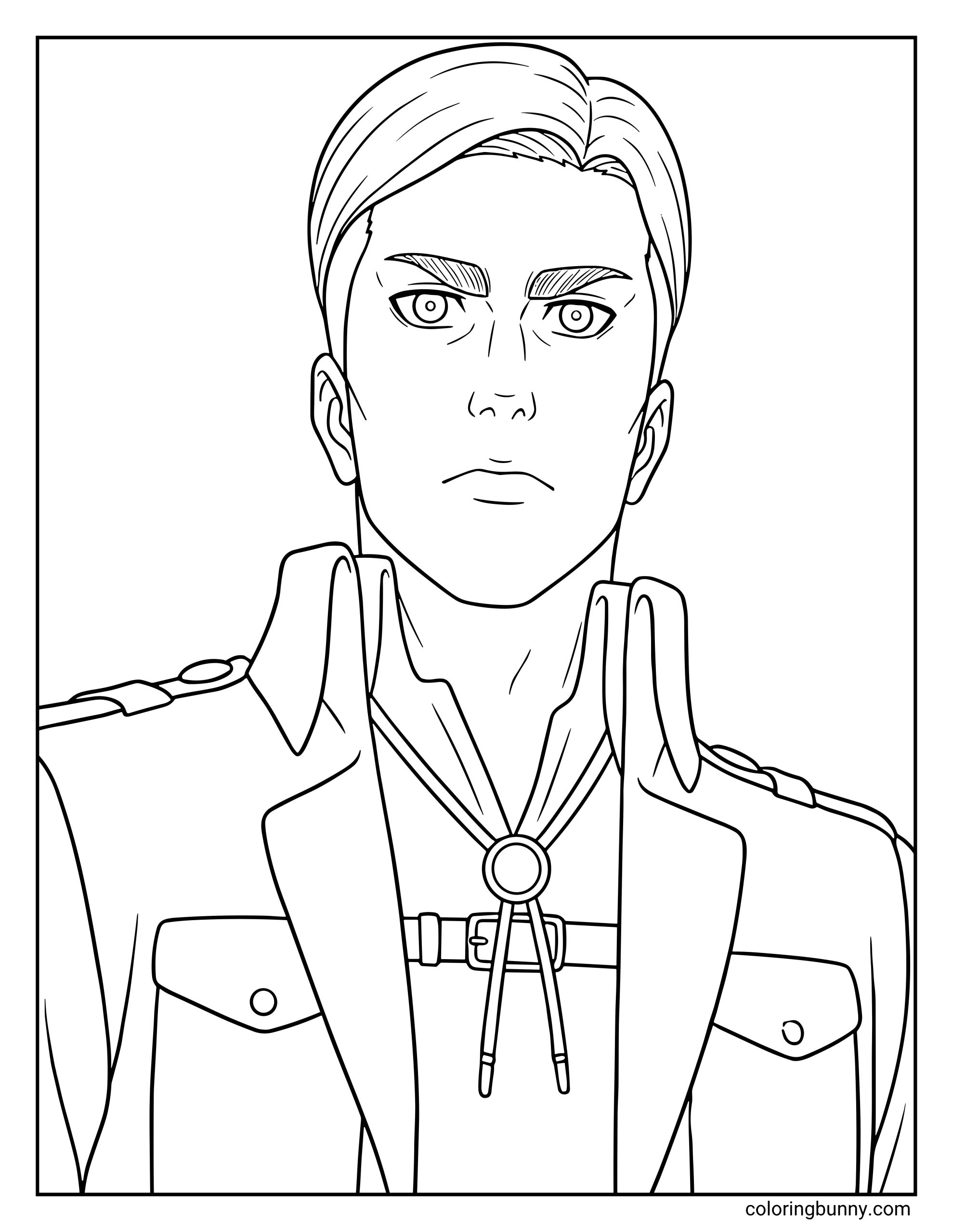 A coloring page of Erwin Smith from the Attack on Titan anime, featuring a detailed portrait of the Survey Corps Commander in his uniform.