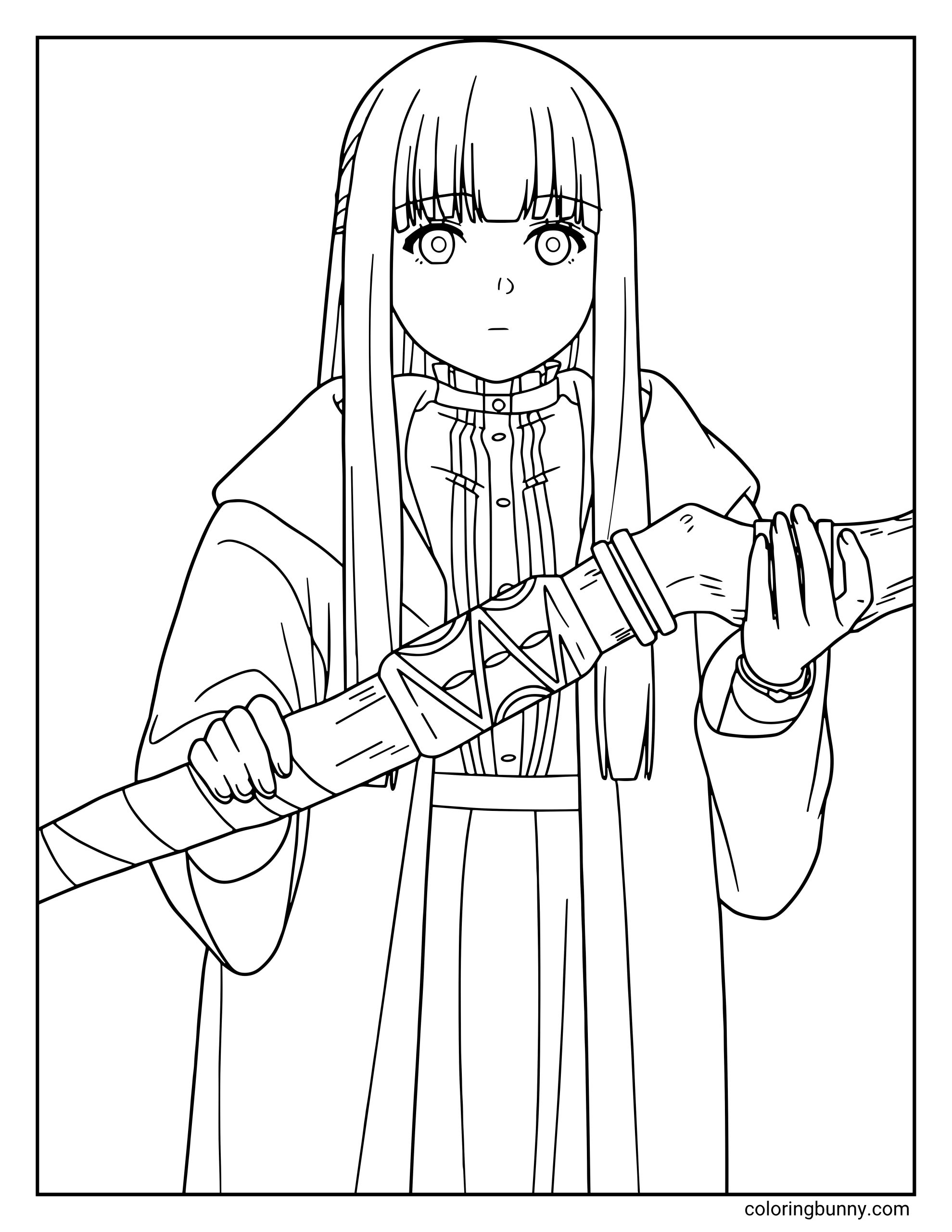A coloring page of Fern from Frieren: Beyond Journey's End showing the talented mage holding her large, intricately carved magical staff. The page highlights her straight hair and layered traveling robes.
