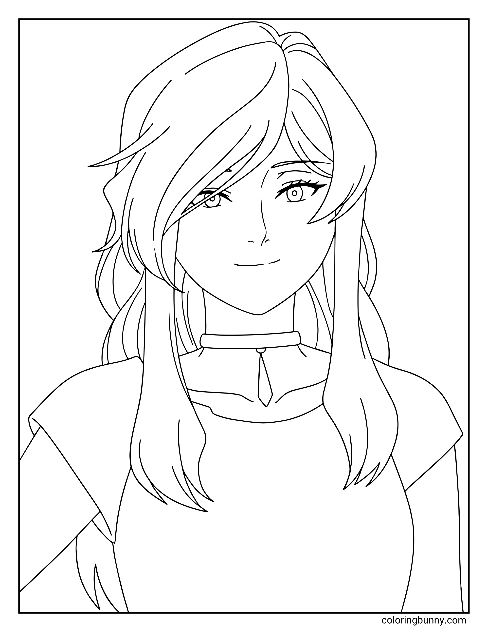 A coloring page of Flamme from Frieren: Beyond Journey's End showing the legendary human mage with her flowing, wavy hair and a serene, knowing smile.