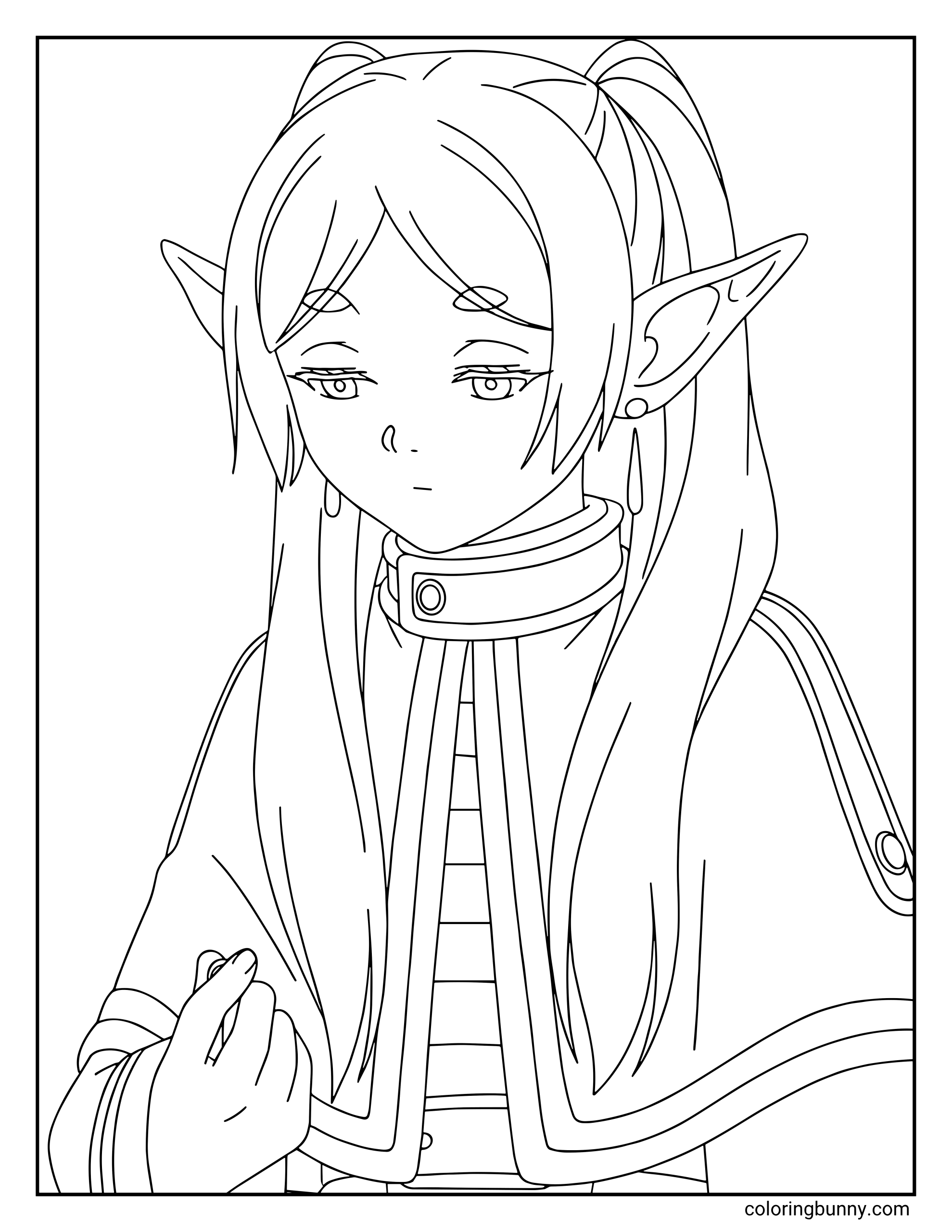 A coloring page of Frieren from Frieren: Beyond Journey's End showing the elf mage in a contemplative moment, looking down at a small object in her hand. The page features her high-collared traveling outfit, emphasizing her long elven ears and teardrop earrings.