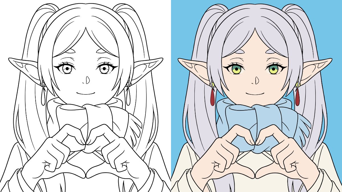 Frieren Coloring Pages featuring Frieren making a heart symbol with her hands
