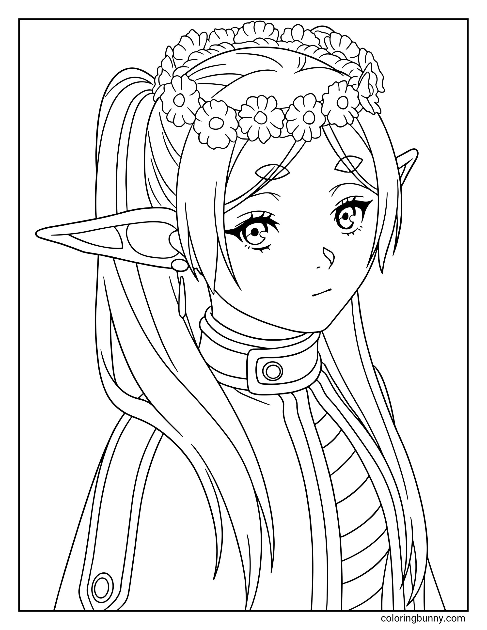A coloring page of Frieren from Frieren: Beyond Journey's End showing the titular elf mage adorned with a detailed flower crown atop her head. The page highlights her gentle expression and long, flowing hair, offering a serene portrait of the ancient mage in her classic traveling attire.