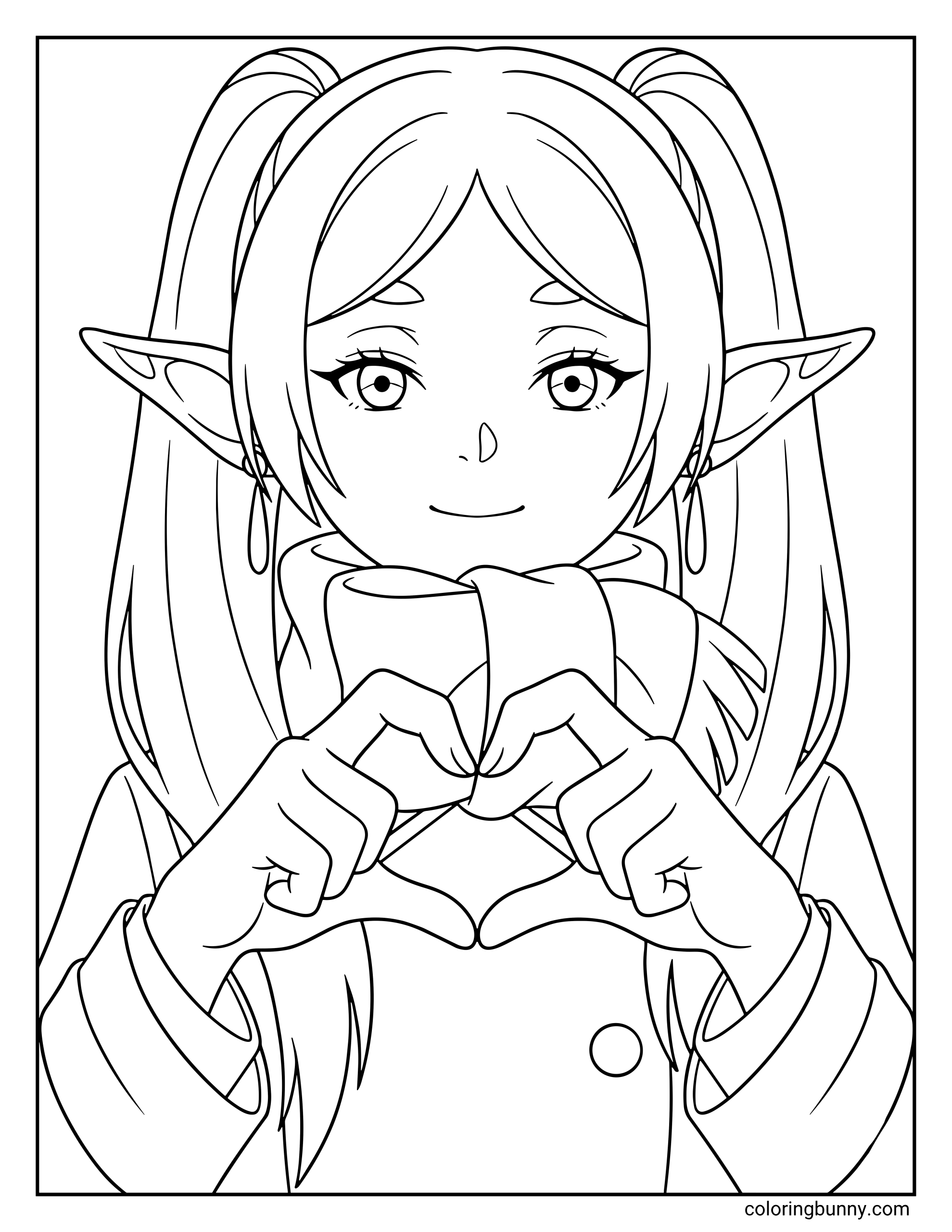 A coloring page of Frieren from Frieren: Beyond Journey's End showing the elven mage forming a heart shape with her hands in a cheerful gesture. She is wearing her winter scarf and coat.