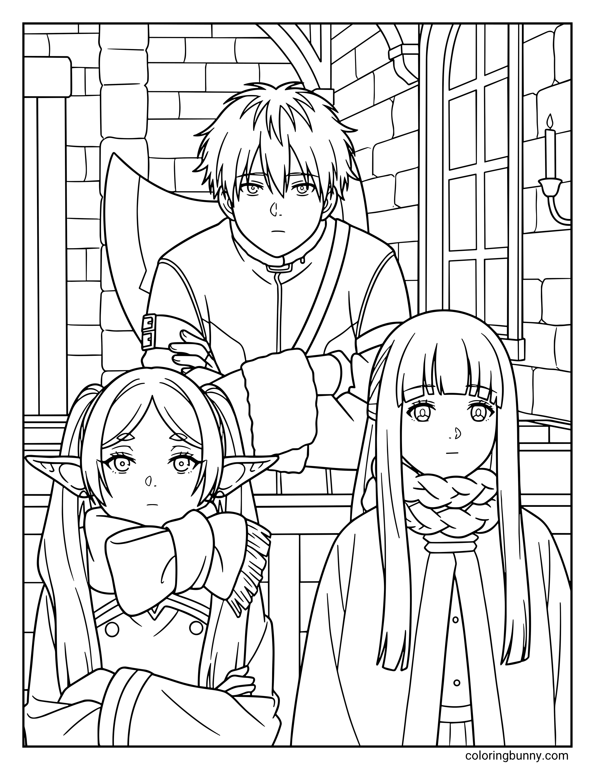 A coloring page of Frieren, Stark, and Fern from Frieren: Beyond Journey's End showing the adventuring trio together against a detailed stone castle background. The page features the group bundled in their winter gear, with Stark standing behind the two mages while carrying his signature axe.