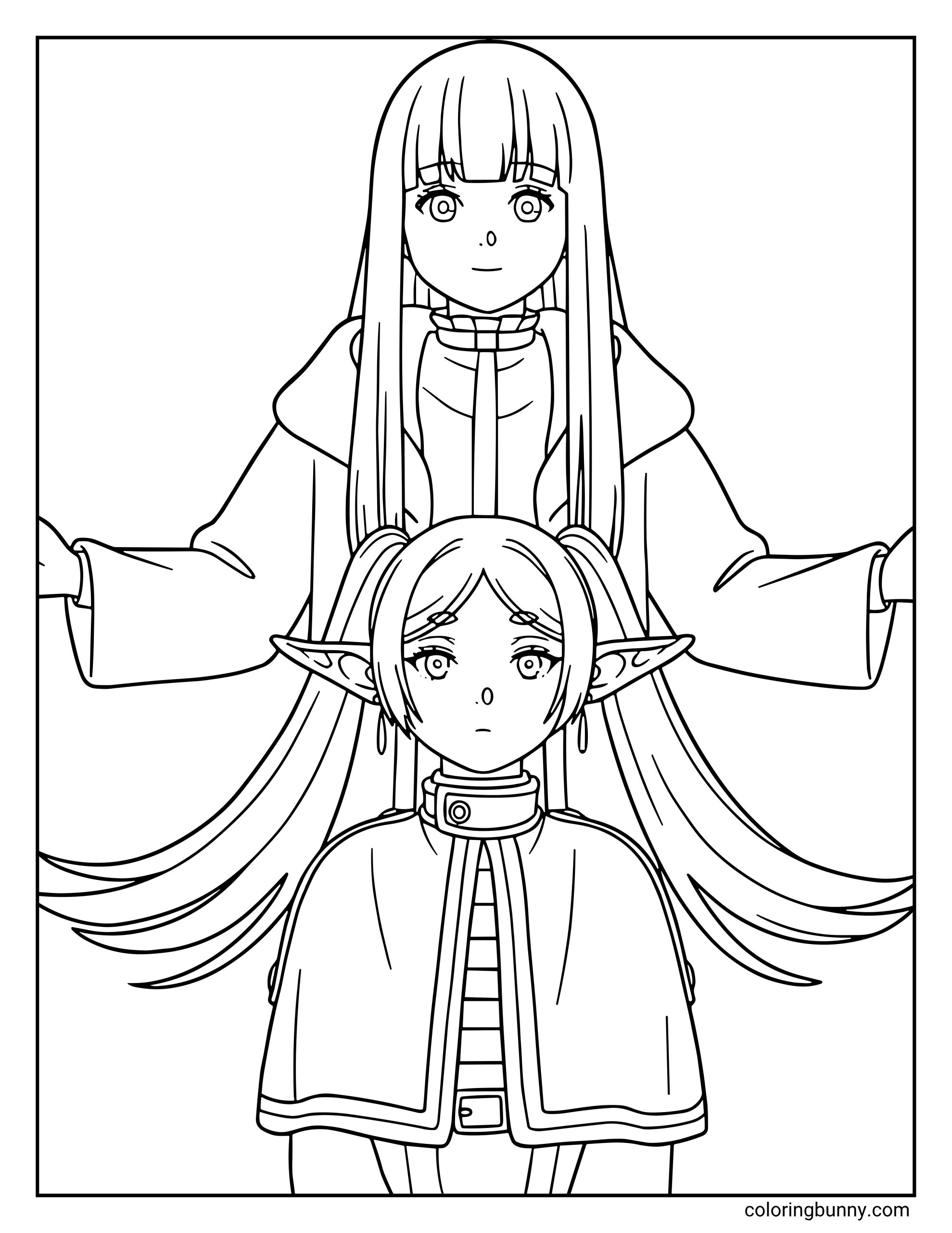 A coloring page of Frieren and Fern from Frieren: Beyond Journey's End showing the master and apprentice together, with Fern standing tall behind a smaller Frieren.