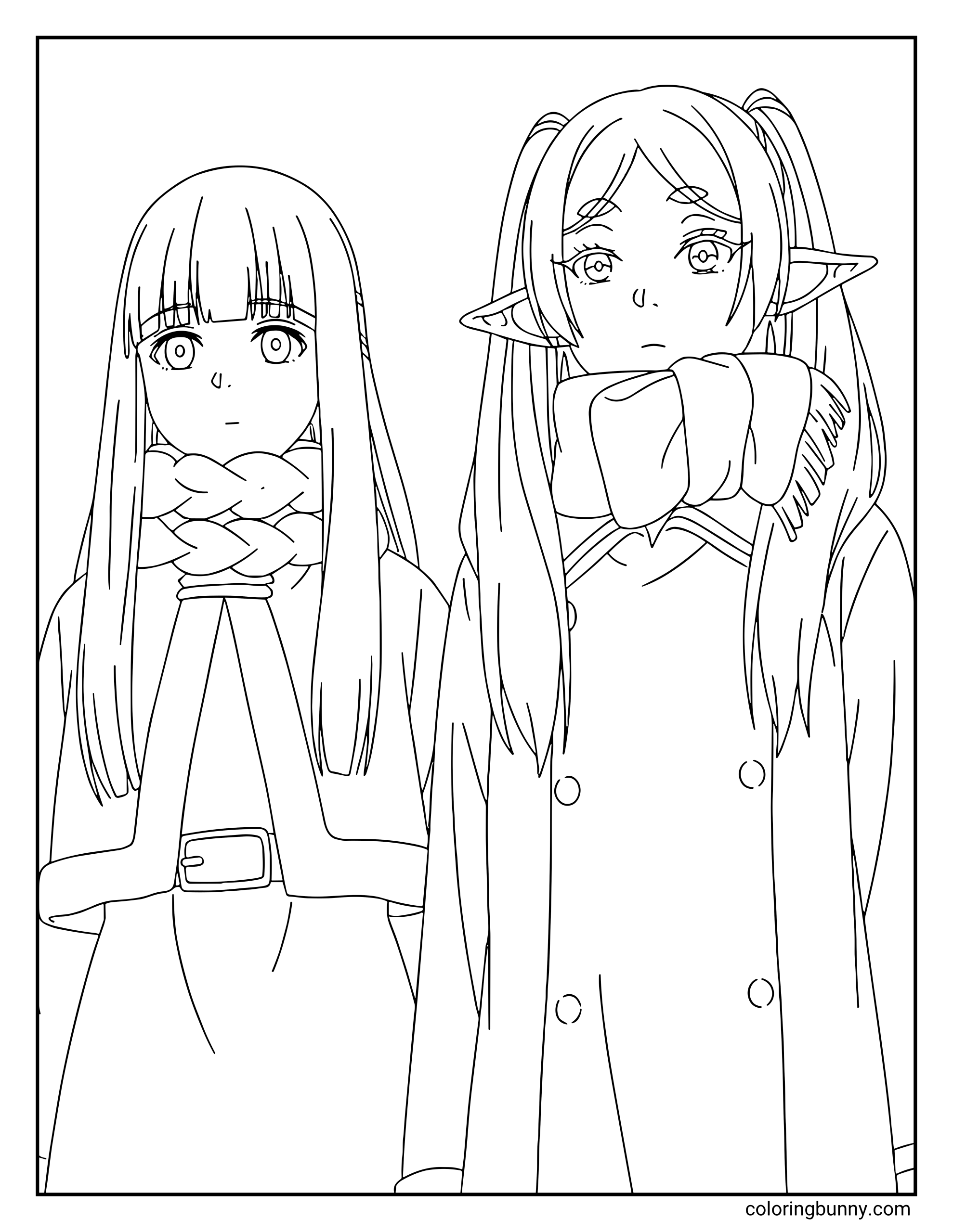 A coloring page of Frieren and Fern from Frieren: Beyond Journey's End showing the two mages standing side-by-side in their cozy winter traveling clothes.