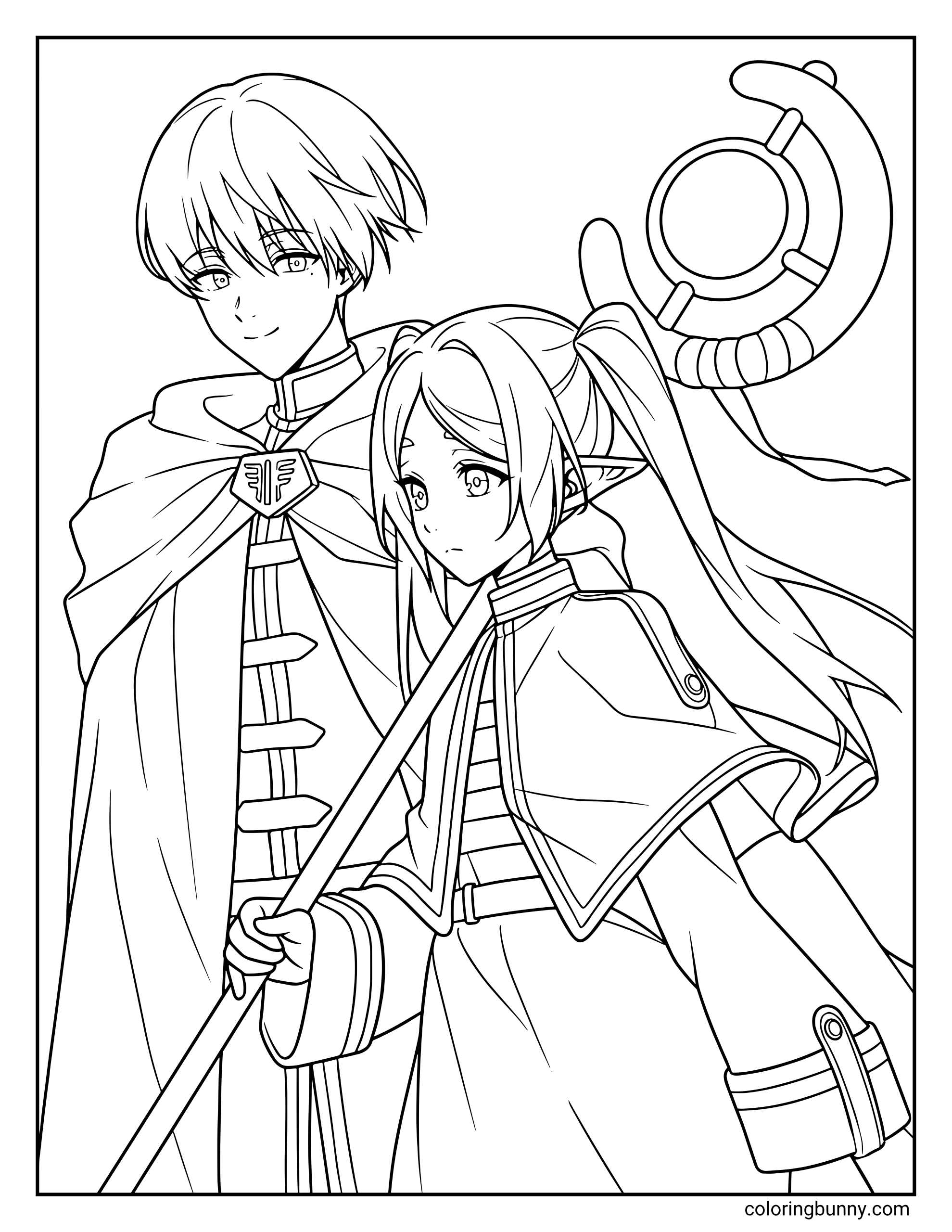 A coloring page of Frieren and Himmel from Frieren: Beyond Journey's End depicting the iconic duo from the Hero Party during their legendary ten-year quest. The design features Frieren holding her crescent-shaped staff alongside a smiling Himmel the Hero, both wearing their signature capes and traveling gear.