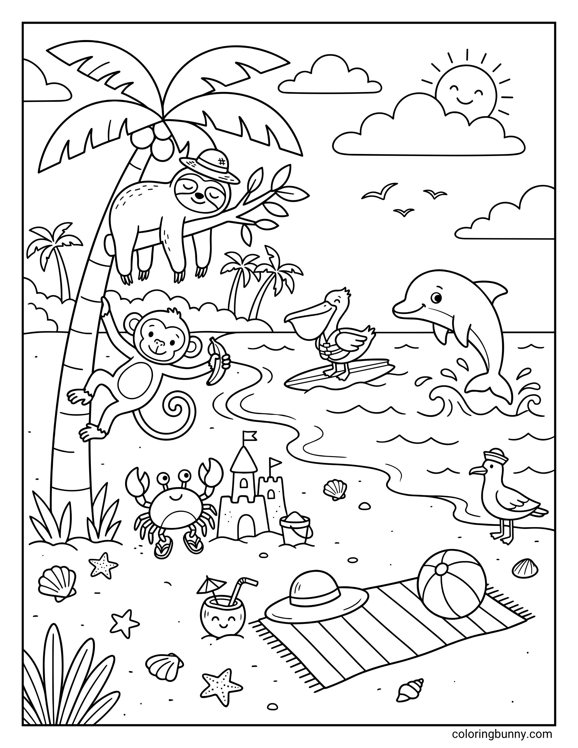 Beach coloring page featuring a busy summer scene with a sloth wearing a hat sleeping in a tall palm tree and a monkey holding a banana swinging on the trunk while a pelican wearing a life jacket surfs and a dolphin jumps in the ocean background complete with a sandcastle a crab in flip-flops a sailor seagull and a striped beach towel on the sand under a smiling sun