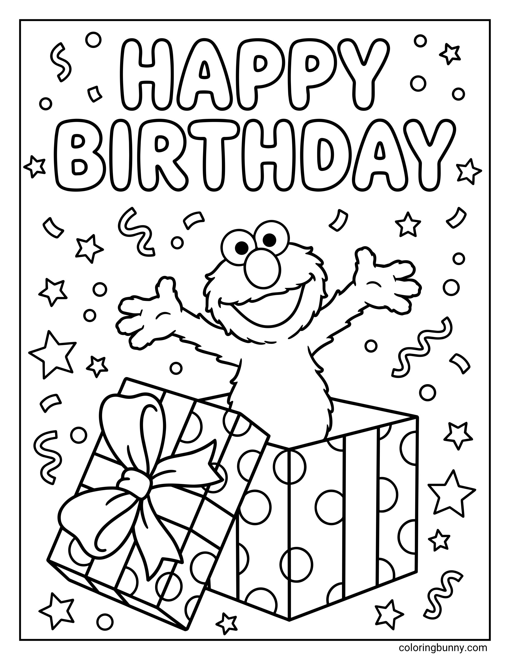 Elmo coloring sheet showing a fantastic birthday surprise where Elmo throws his arms open wide from inside a striped present. The fun design features a large bow lid, twinkling stars, and bold holiday text for easy coloring.