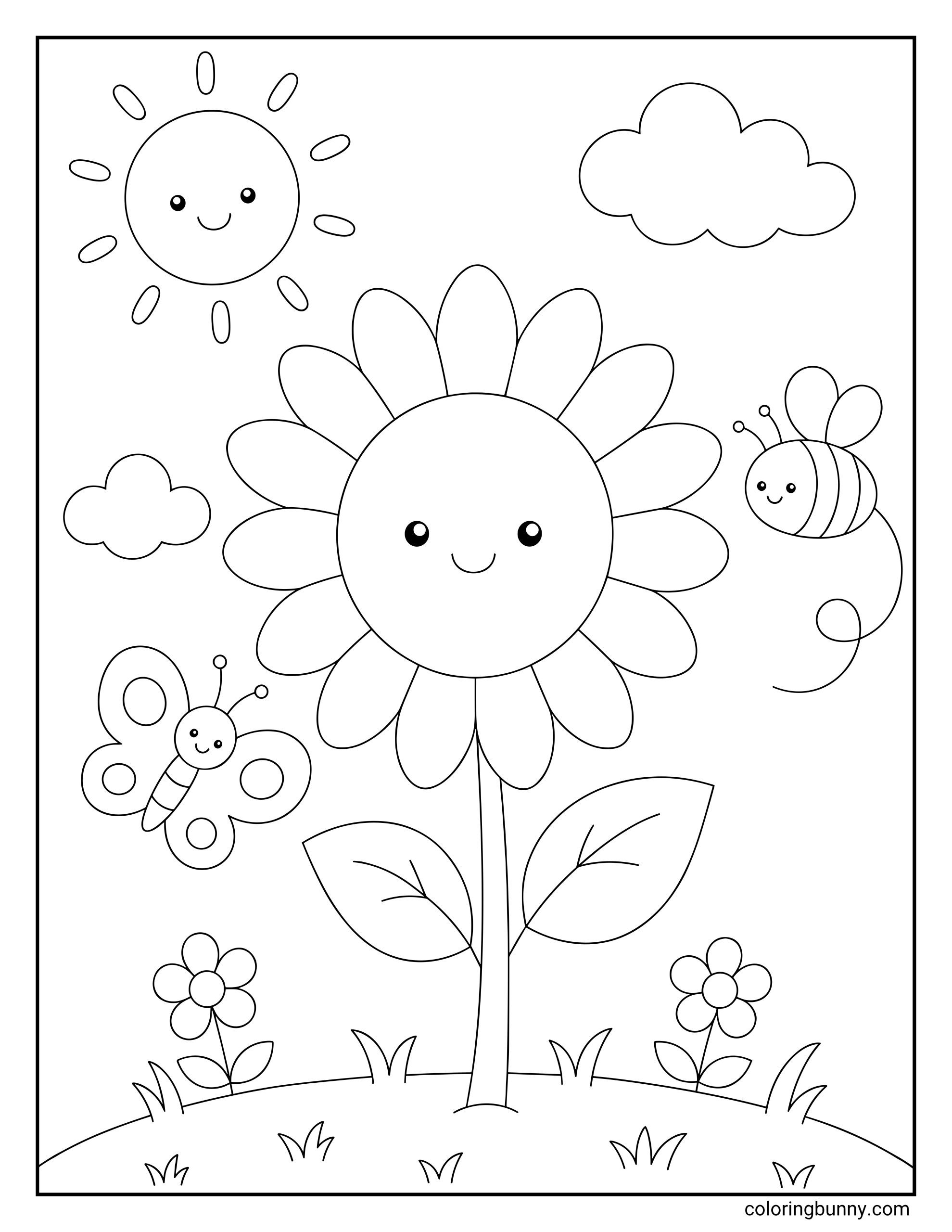 A kids’ sunflower coloring page with a large happy sunflower as the main focus, surrounded by a smiling sun, soft clouds, a friendly bee, and a butterfly. The flower stands on a little hill with grass tufts and two small blossoms, making this coloring sheet feel bright, simple, and full of cheerful garden charm.