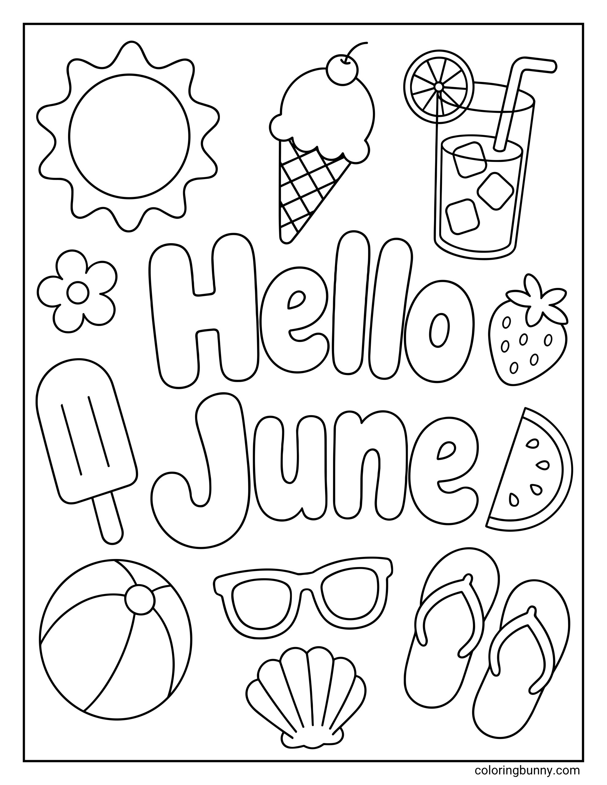 June coloring page with large bubble letters spelling “Hello June” in the center. Around the words are simple summer drawings, including a sun, ice cream cone, drink with a straw, flower, strawberry, popsicle, watermelon slice, beach ball, sunglasses, flip-flops, and seashell.