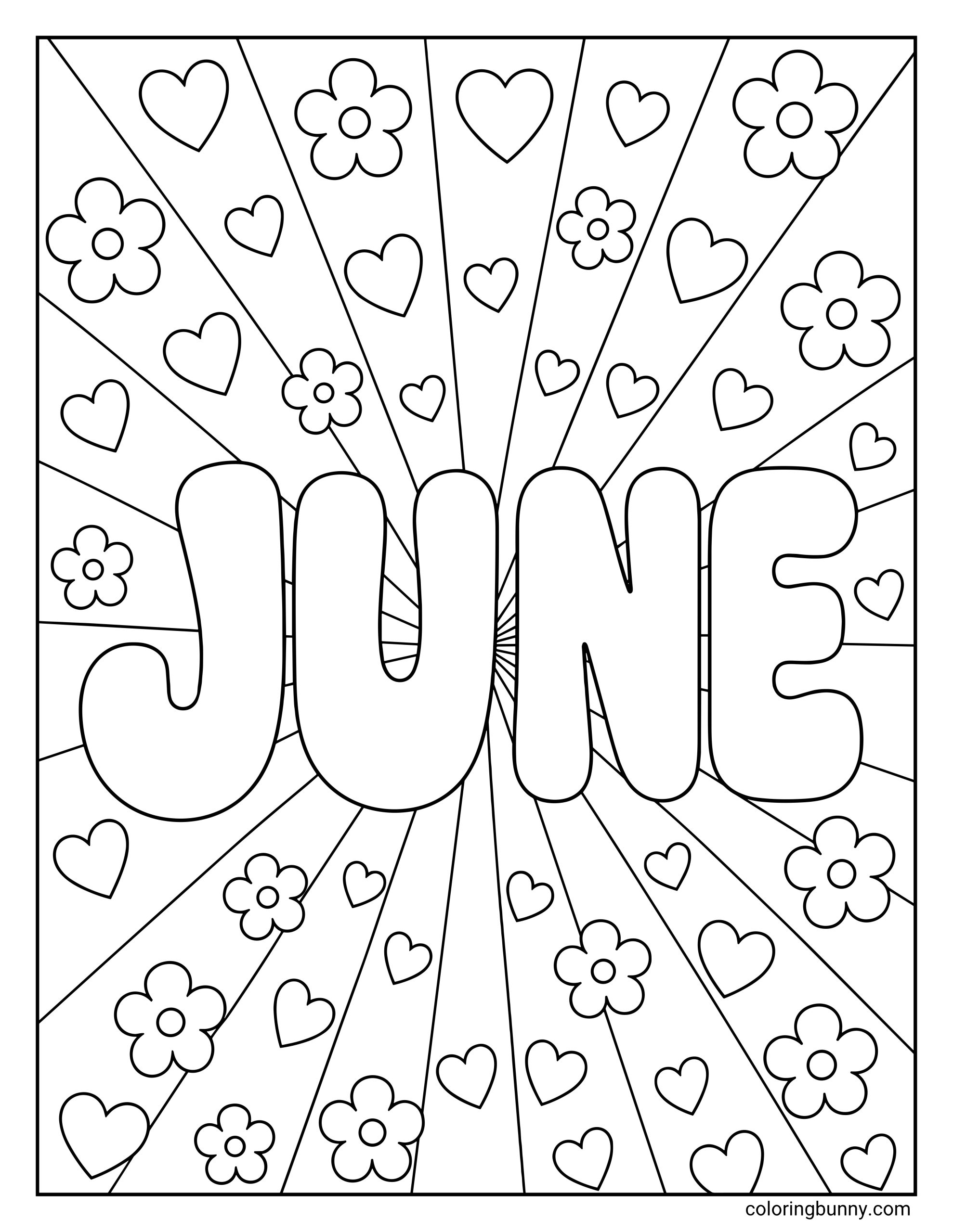 June coloring sheet highlighting the month in a scalloped border frame, paired with a radiating background of straight lines dotted with sweet hearts and blossom outlines.