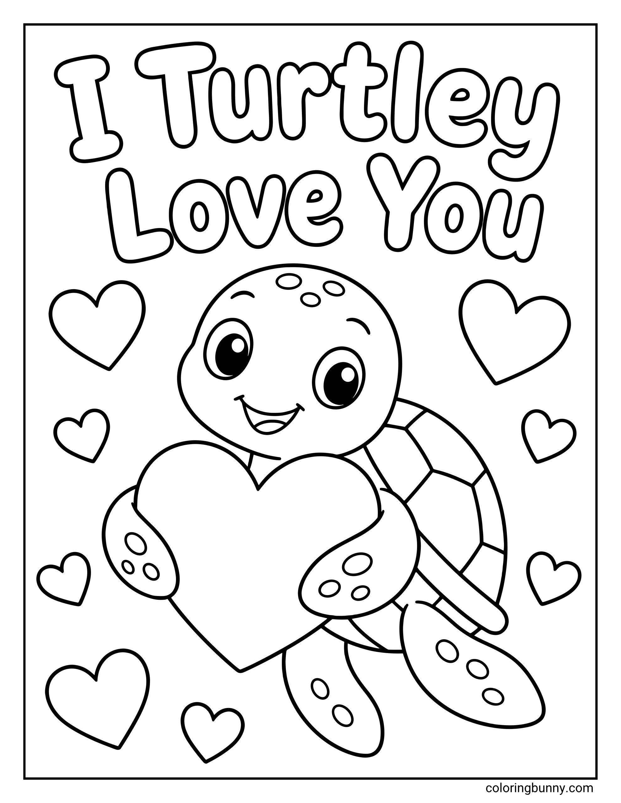 A cute coloring page of a turtle holding a large heart and surrounded by smaller floating hearts. The scene features the punny phrase "I Turtley Love You" written in bubbly letters at the top.