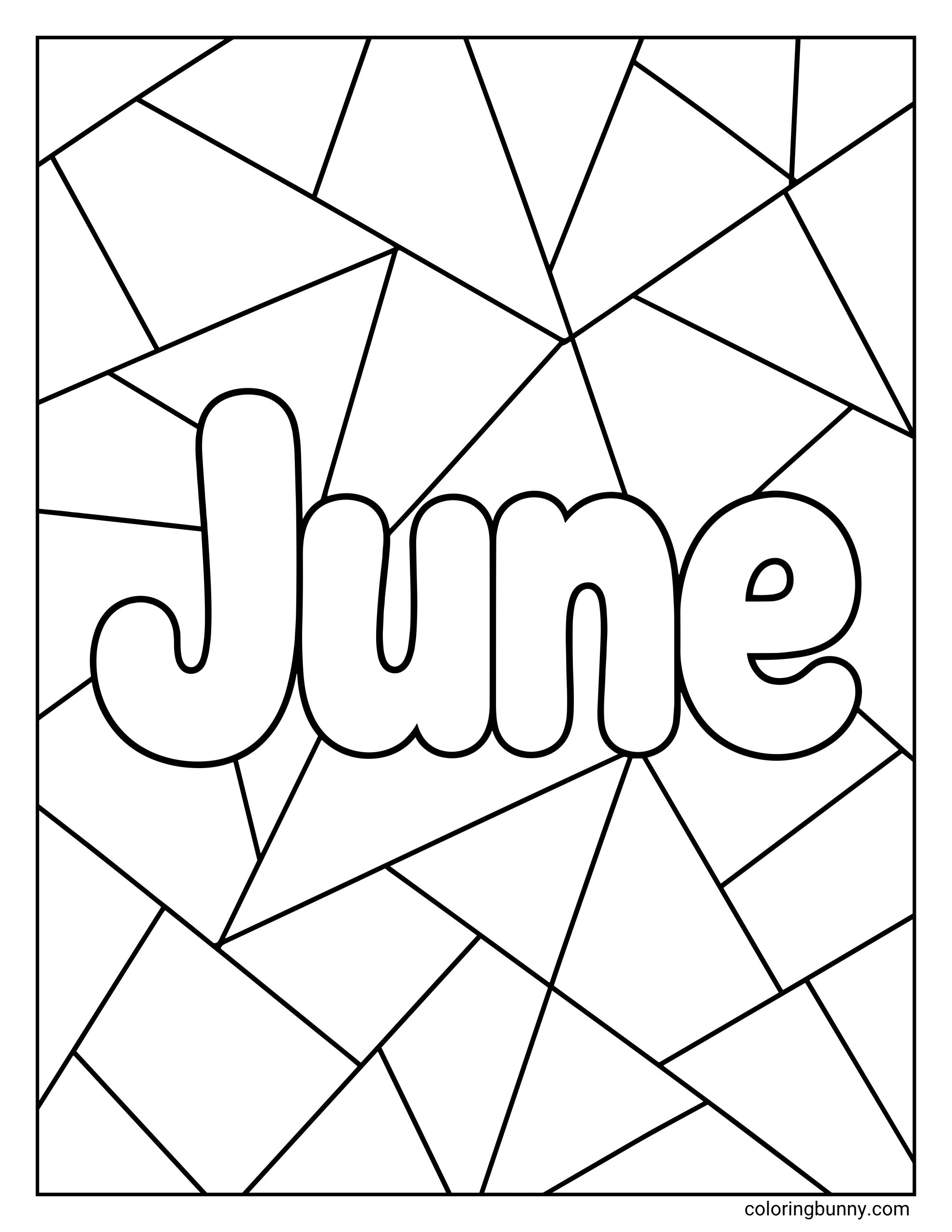 Simple June coloring page displaying the month in bold typography centered over a dynamic background of crisscrossing diagonal lines creating a stained glass effect.