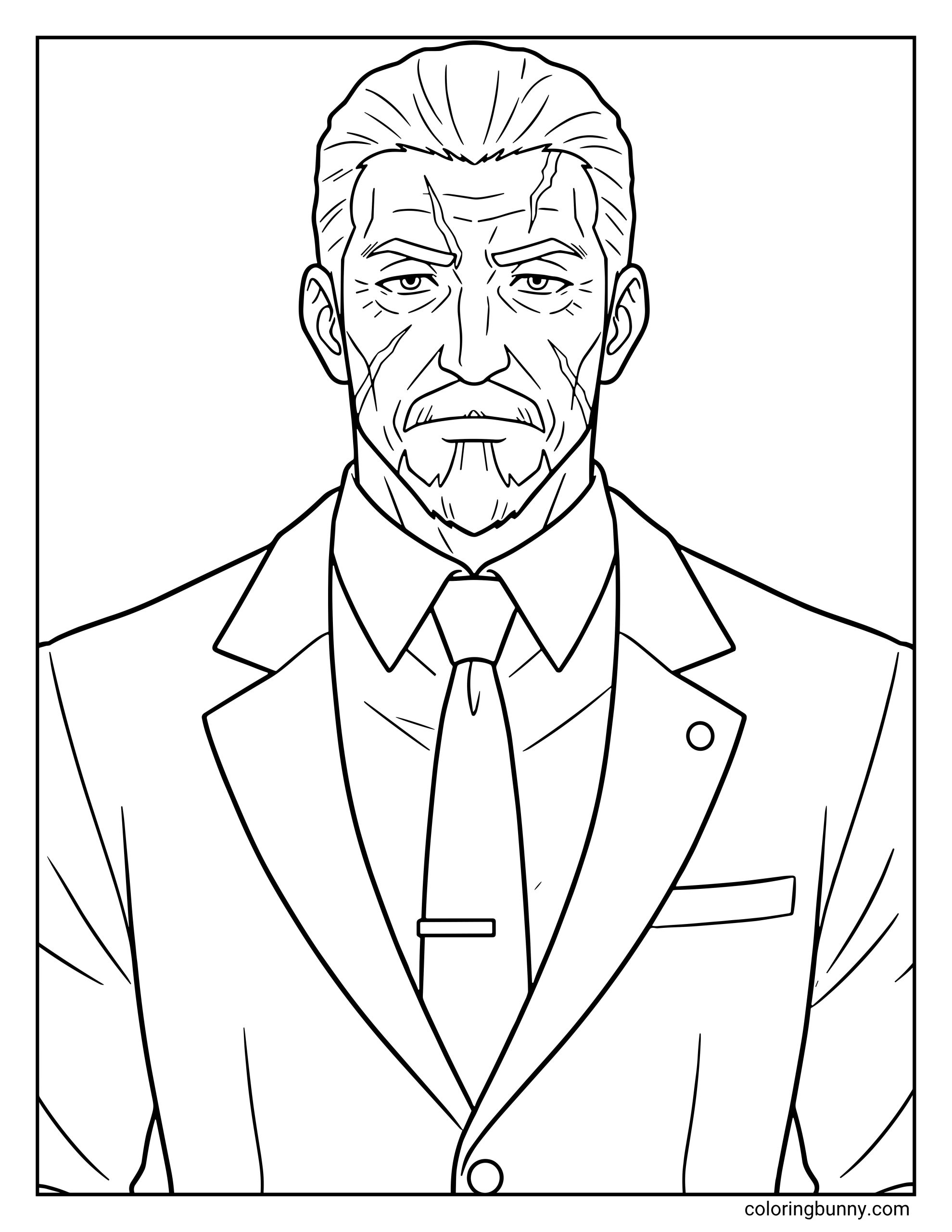 A coloring page of Go Gunhee from Solo Leveling, depicted in his formal suit and tie. The design captures his authoritative presence, featuring the distinct scars on his forehead and his weathered, veteran hunter expression.