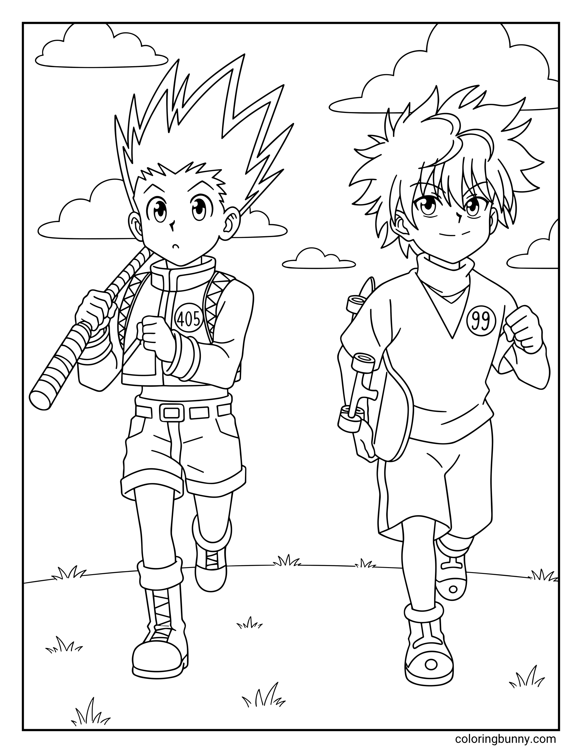 A coloring page of Gon Freecss and Killua Zoldyck from the Hunter x Hunter anime, featuring a detailed, full-body shot of the two friends jogging side-by-side outdoors under a cloudy sky, with Gon holding his fishing rod and wearing badge 405, while Killua holds his skateboard and wears badge 99.