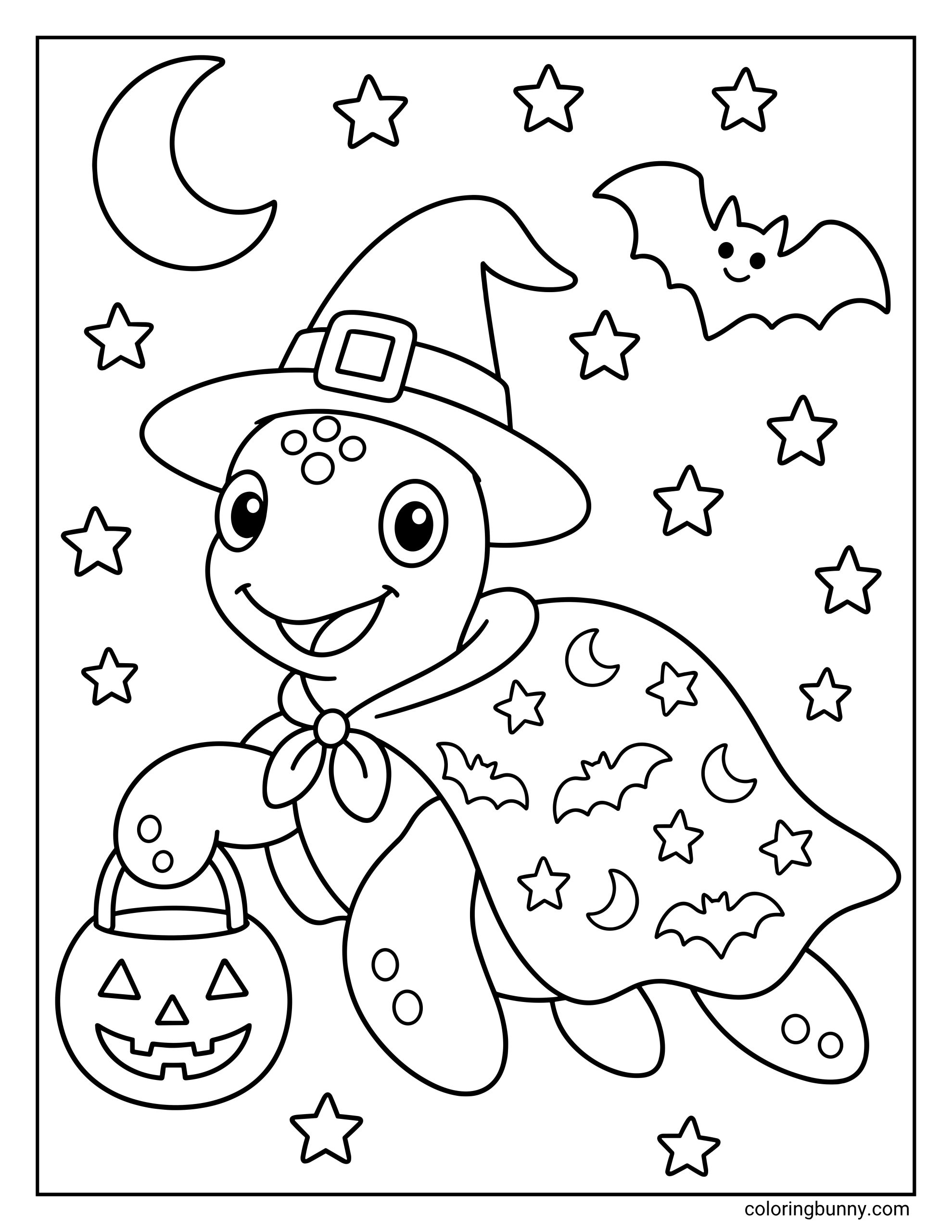 A coloring page of a turtle dressed as a wizard for Halloween. The design shows a smiling turtle wearing a pointed witch hat and a flowing cape decorated with stars, moons, and bats. The turtle is holding a pumpkin treat bucket while floating in a night sky filled with stars, a crescent moon, and a friendly flying bat.