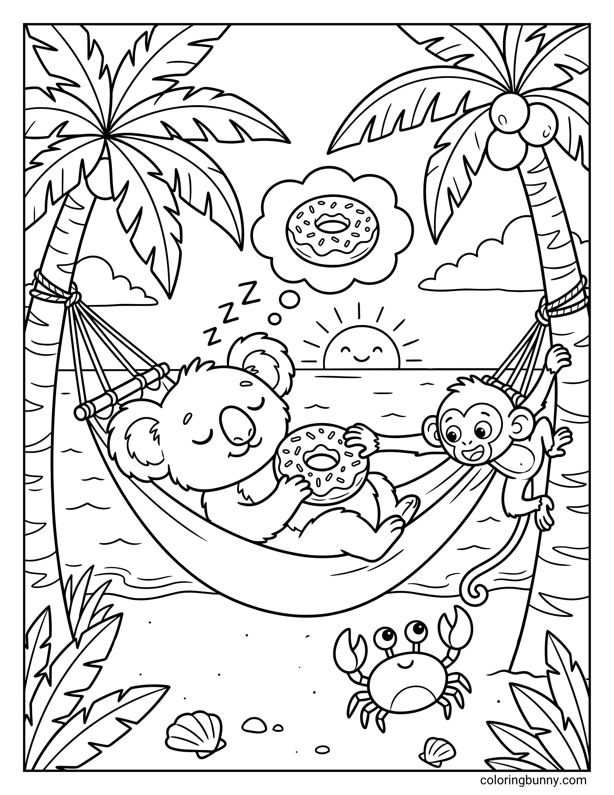 Beach coloring page featuring a cute koala sleeping peacefully in a hammock strung between two palm trees holding a sprinkled donut and dreaming about another one in a thought bubble above his head as a playful monkey hangs from the right tree trunk reaching out to steal the snack over a sandy shore with a small crab seashells and a smiling sun setting over the ocean waves in the background