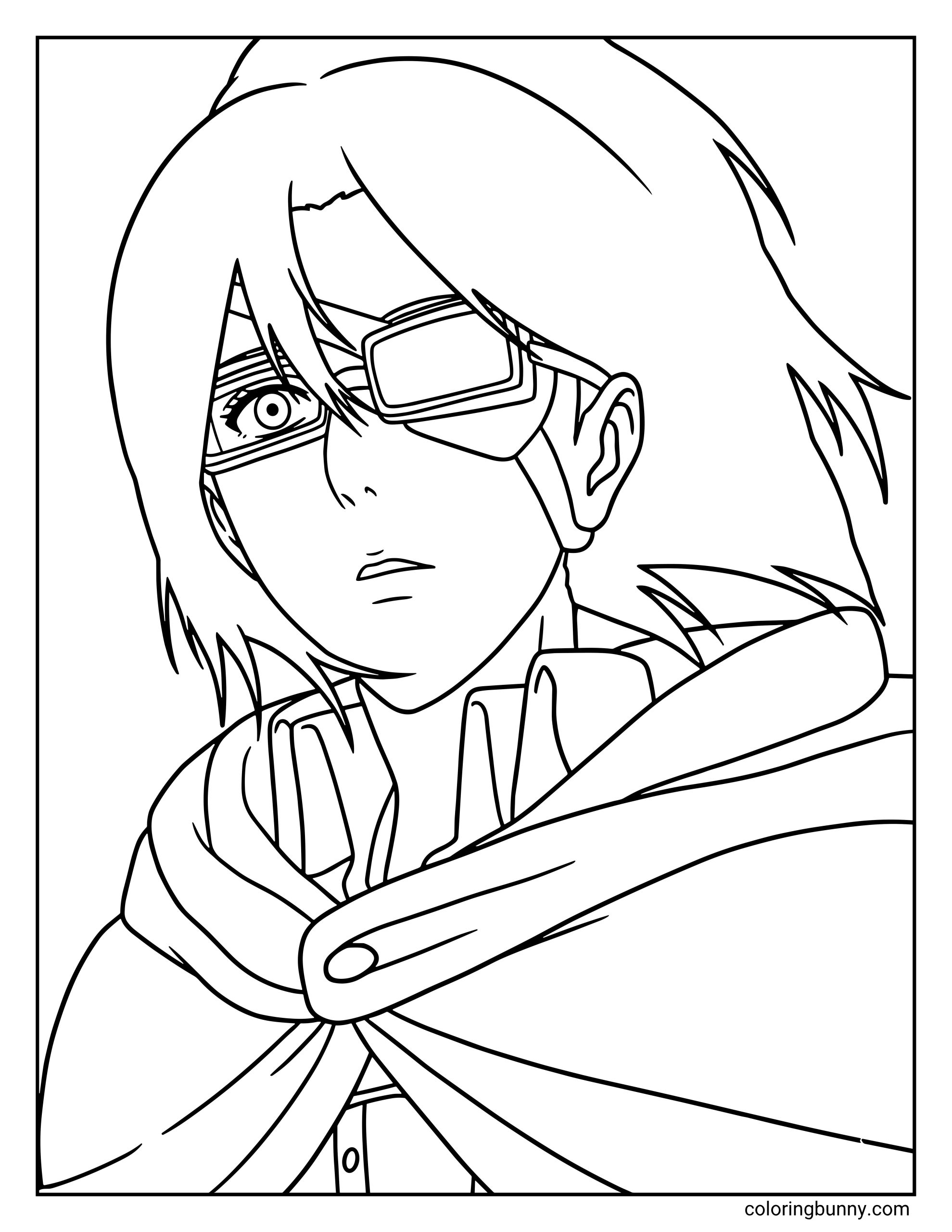 A coloring page of Hange Zoë from the Attack on Titan anime, featuring a detailed close-up of the character wearing their signature goggles and a Survey Corps cloak.
