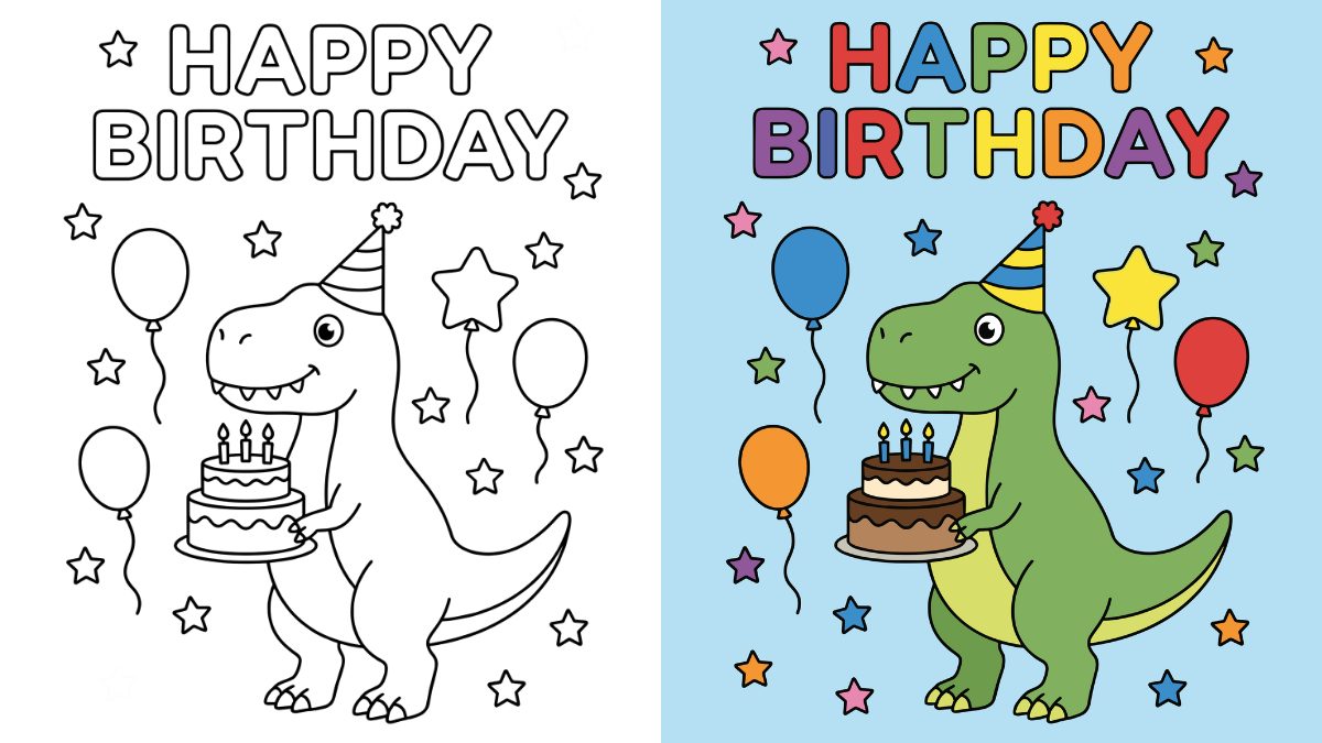 Happy Birthday Coloring Pages with a Dinosaur, Cake, Balloons and Stars