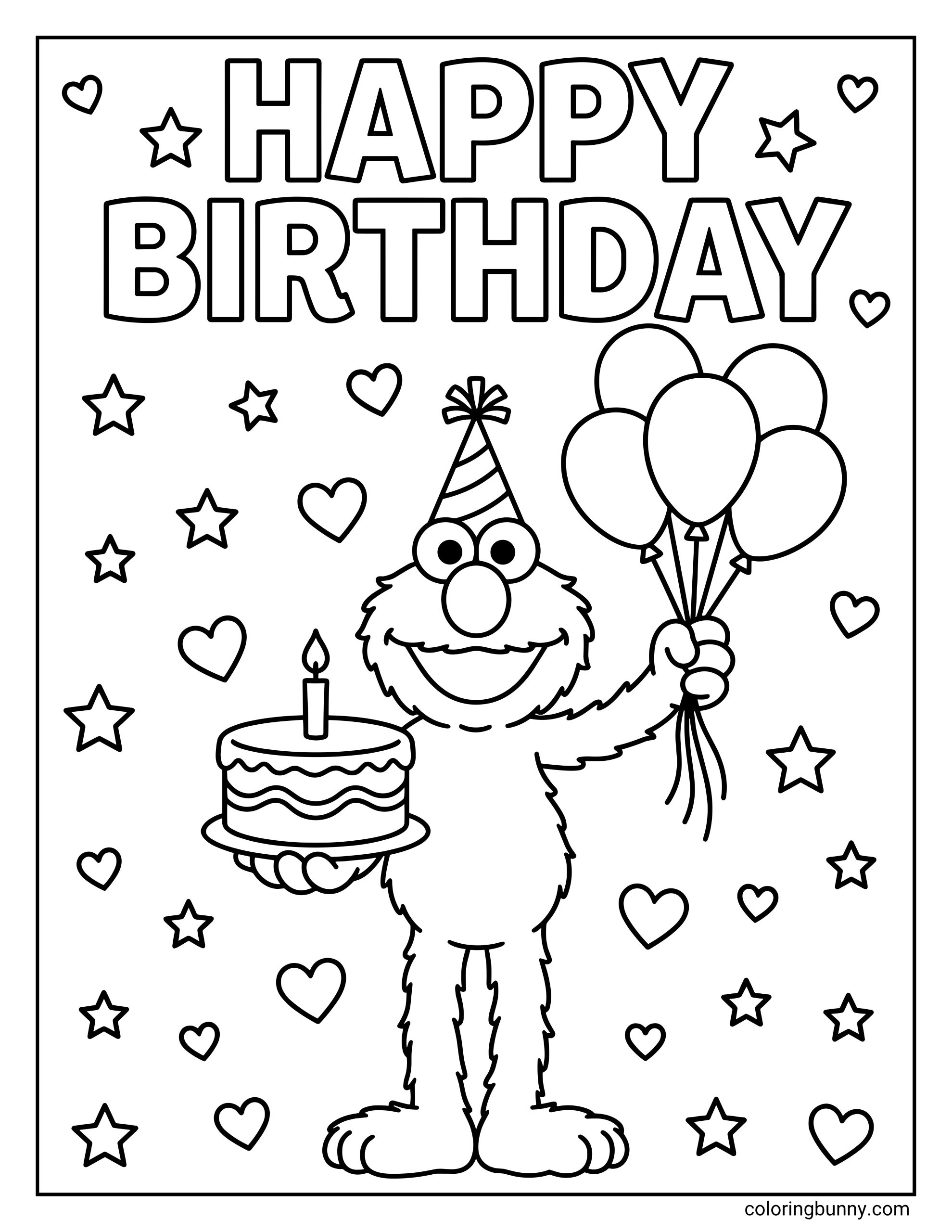 Happy Birthday Elmo coloring page featuring large bubble letters spelling “HAPPY BIRTHDAY” at the top. Elmo stands below wearing a party hat, holding a birthday cake with one candle in one hand and a bunch of balloons in the other. Hearts and stars are scattered around the page.