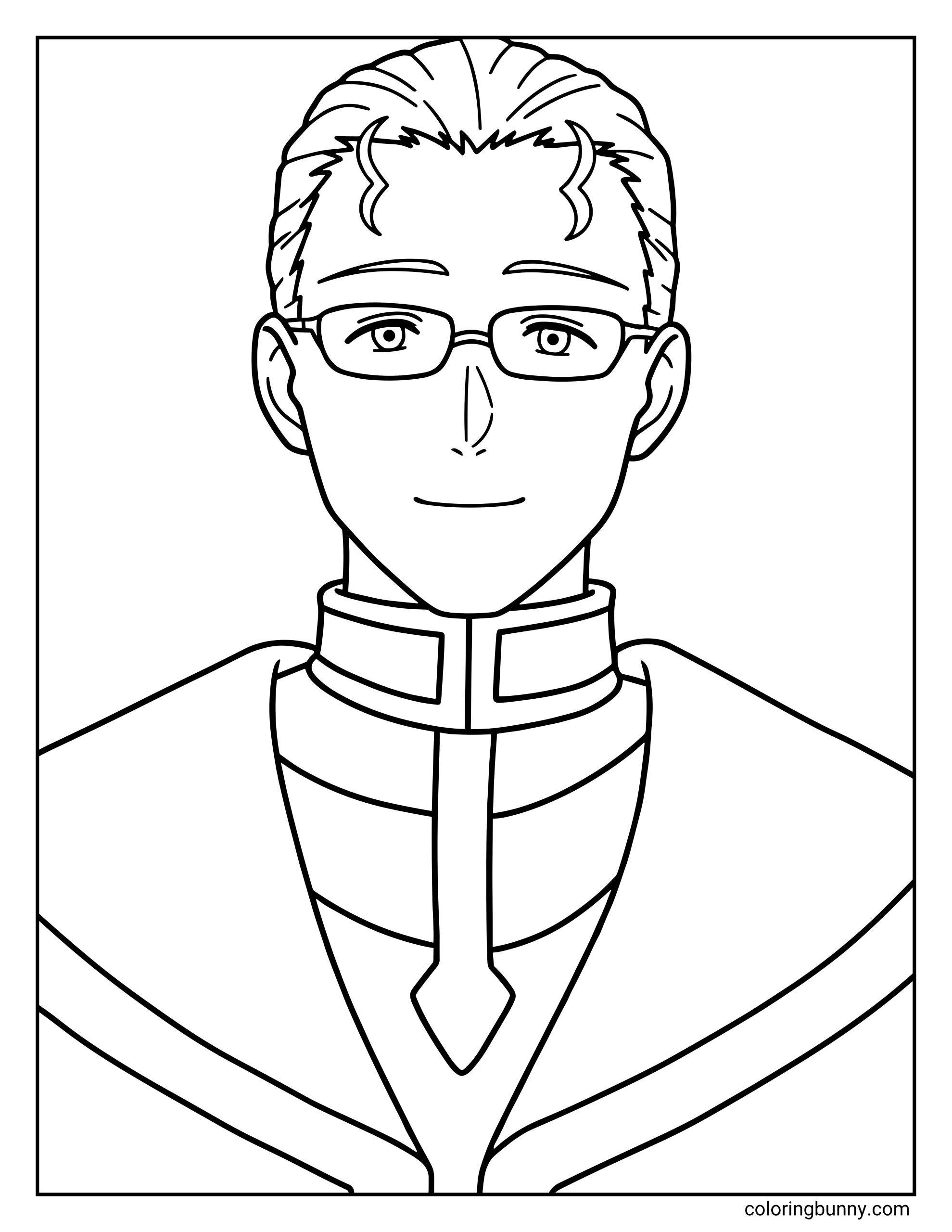 A coloring page of Heiter from Frieren: Beyond Journey's End displaying the gentle priest wearing his signature rectangular glasses and a kind, subtle smile. The design highlights his neatly combed hair with two distinct curls and the structured layers of his clerical robes.