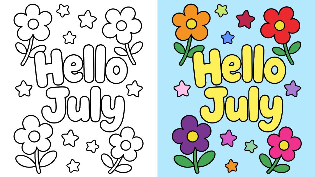 July Coloring Pages with simple flowers, Stars and Hello July in bubble text