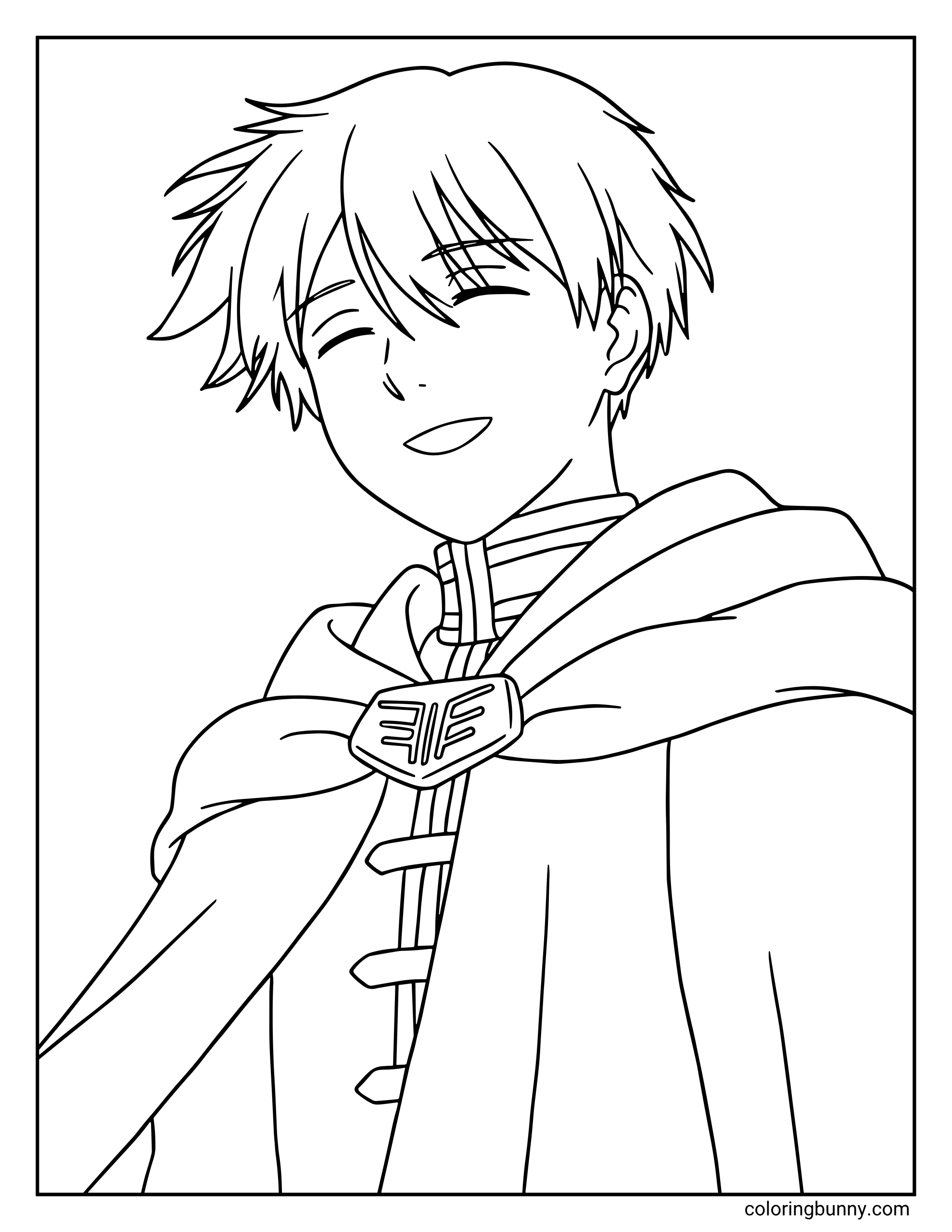 A coloring page of Himmel from Frieren: Beyond Journey's End showing the legendary hero with a warm, joyful smile and his eyes closed in a moment of peace. The page highlights his signature messy hair and his iconic traveling cloak, complete with the detailed crest on his shoulder clasp.