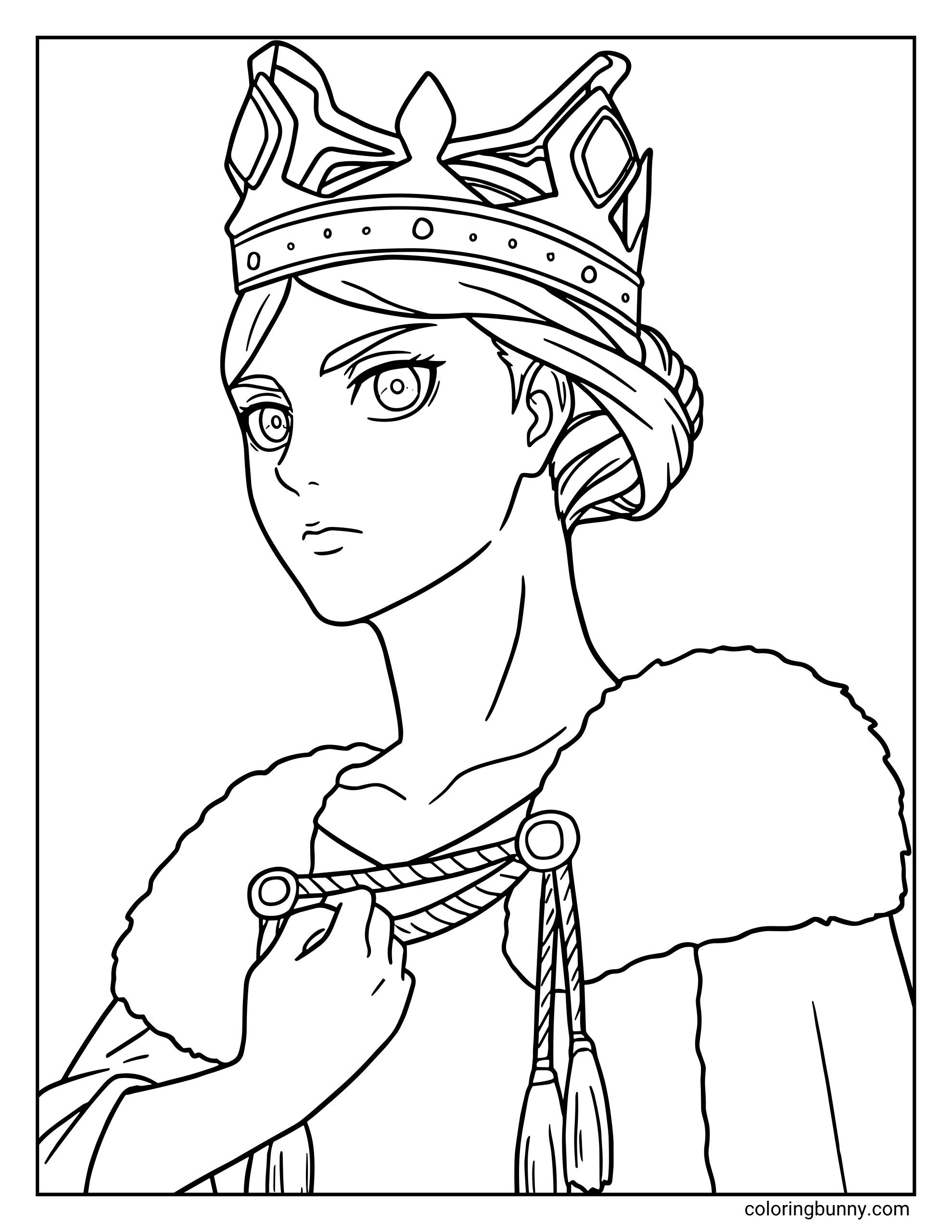 A coloring page of Historia Reiss from the Attack on Titan anime, depicting her in her royal attire as the Queen of the Walls, complete with a regal crown and fur-lined cloak.