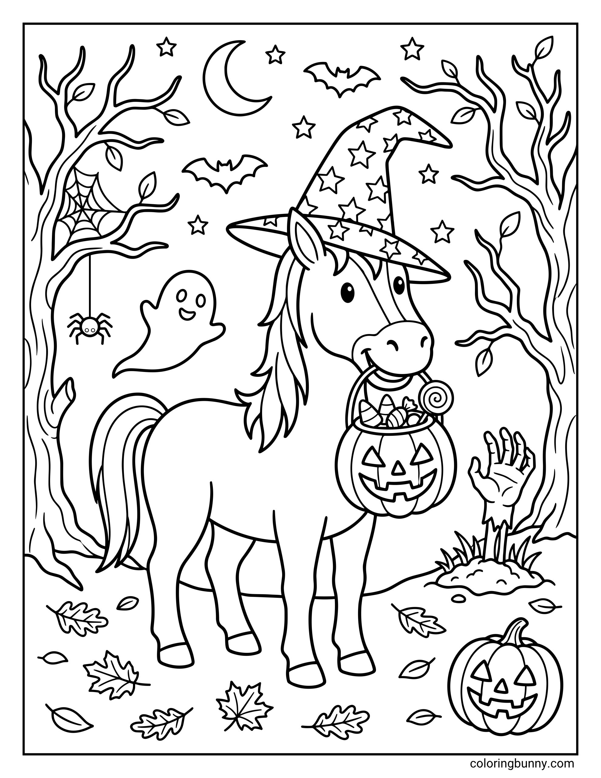 Horse Halloween coloring page featuring a cute horse dressed in a witch hat for Halloween, holding a pumpkin candy bucket among bats, ghosts, spooky trees, stars, leaves, and jack-o’-lanterns.