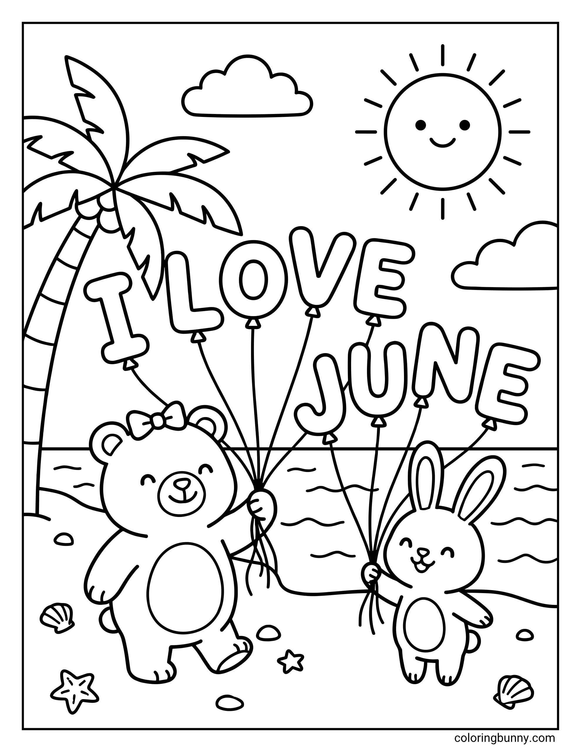 I Love June coloring page showing a teddy bear and bunny celebrating their favorite month at the beach. They hold balloon letters spelling “I LOVE JUNE” while a smiling sun, palm tree, clouds, ocean waves, seashells, and starfish.